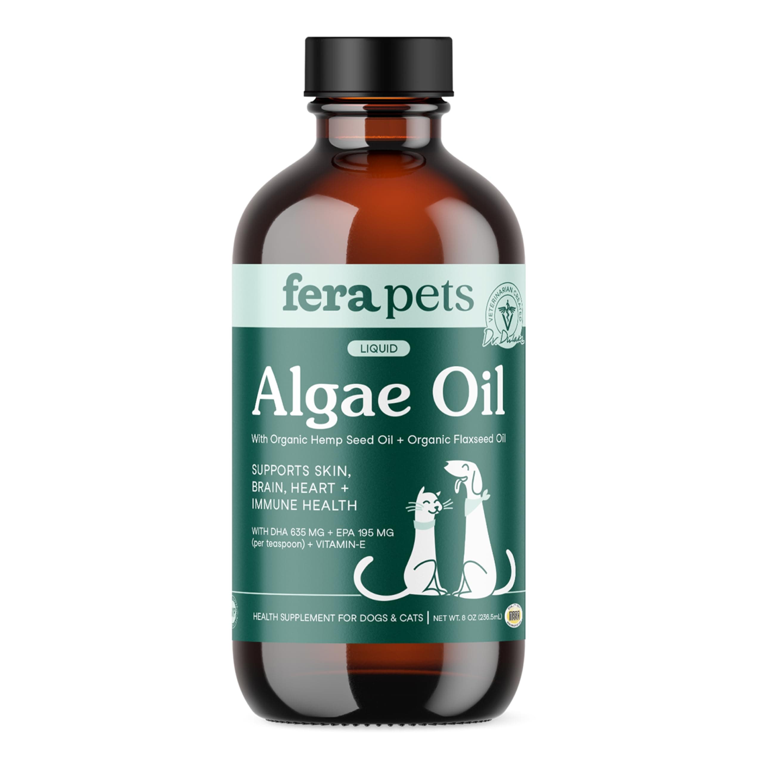 - Fera Pets Algae Oil - Cats & Dogs Omega 3 Oil - Vegan - Immune, Heart, Brain, Skin and Coat Support - Includes Vitamin E, Organic Hemp Seed & Flaxseed Oil - 100% Plant Based Omega-3s - 8 oz