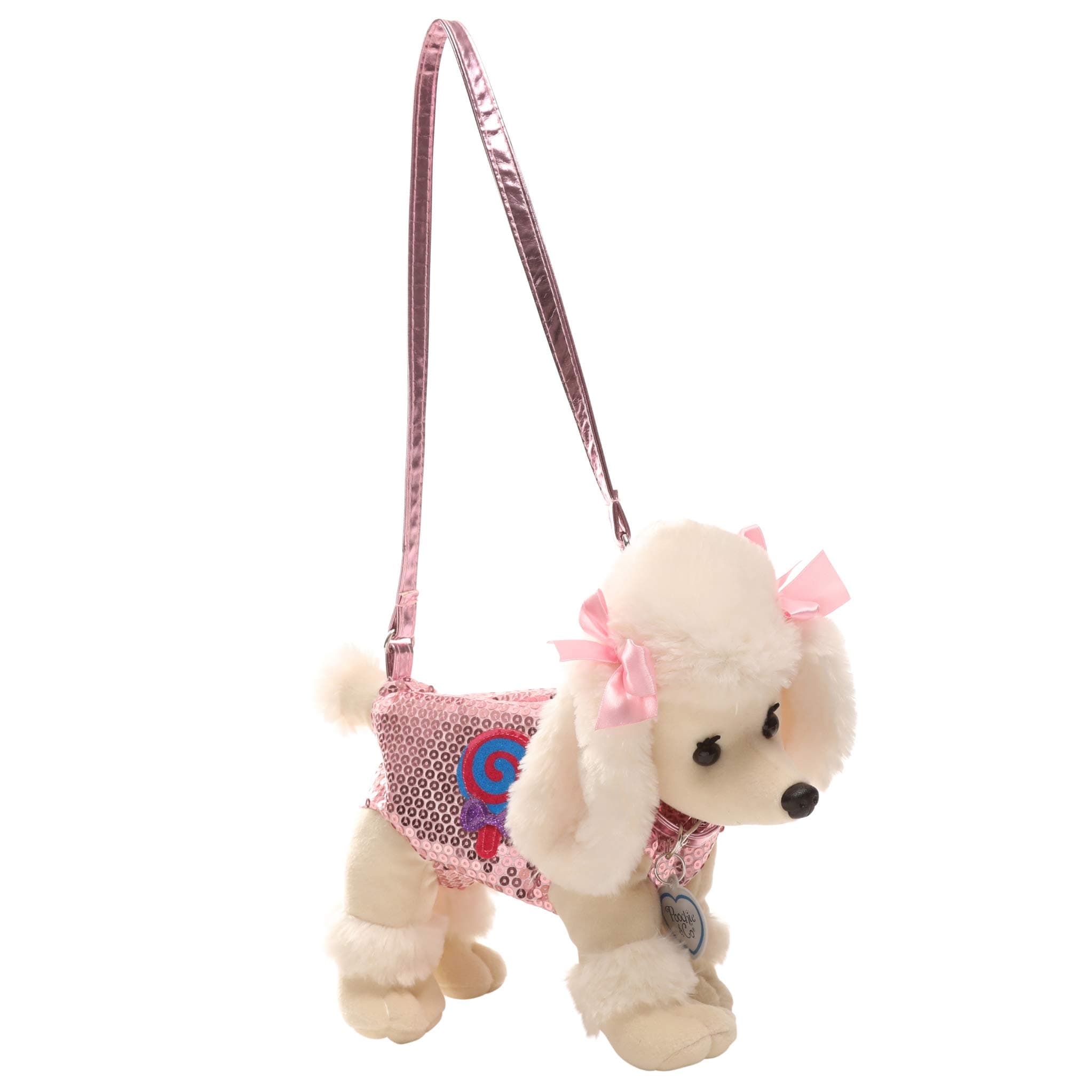 Poochie Poochie and Co. Girls Plush Handbag- Beige Poodle with Pink Sequins and Lollipop Applique