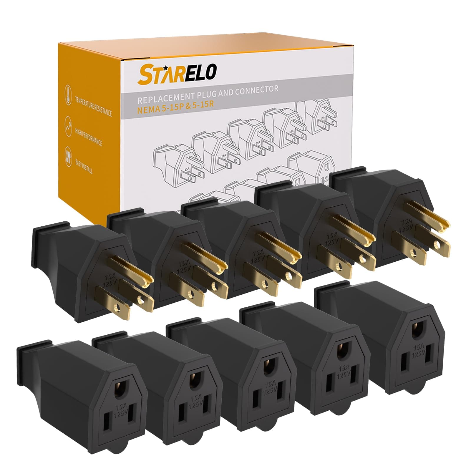 STARELO Extension Cable Ends 125V 15A 2 Pin 3 Core Male and Female Straight Blade Plug Replacement Extension Cable End (Male and Female, 5 Set)