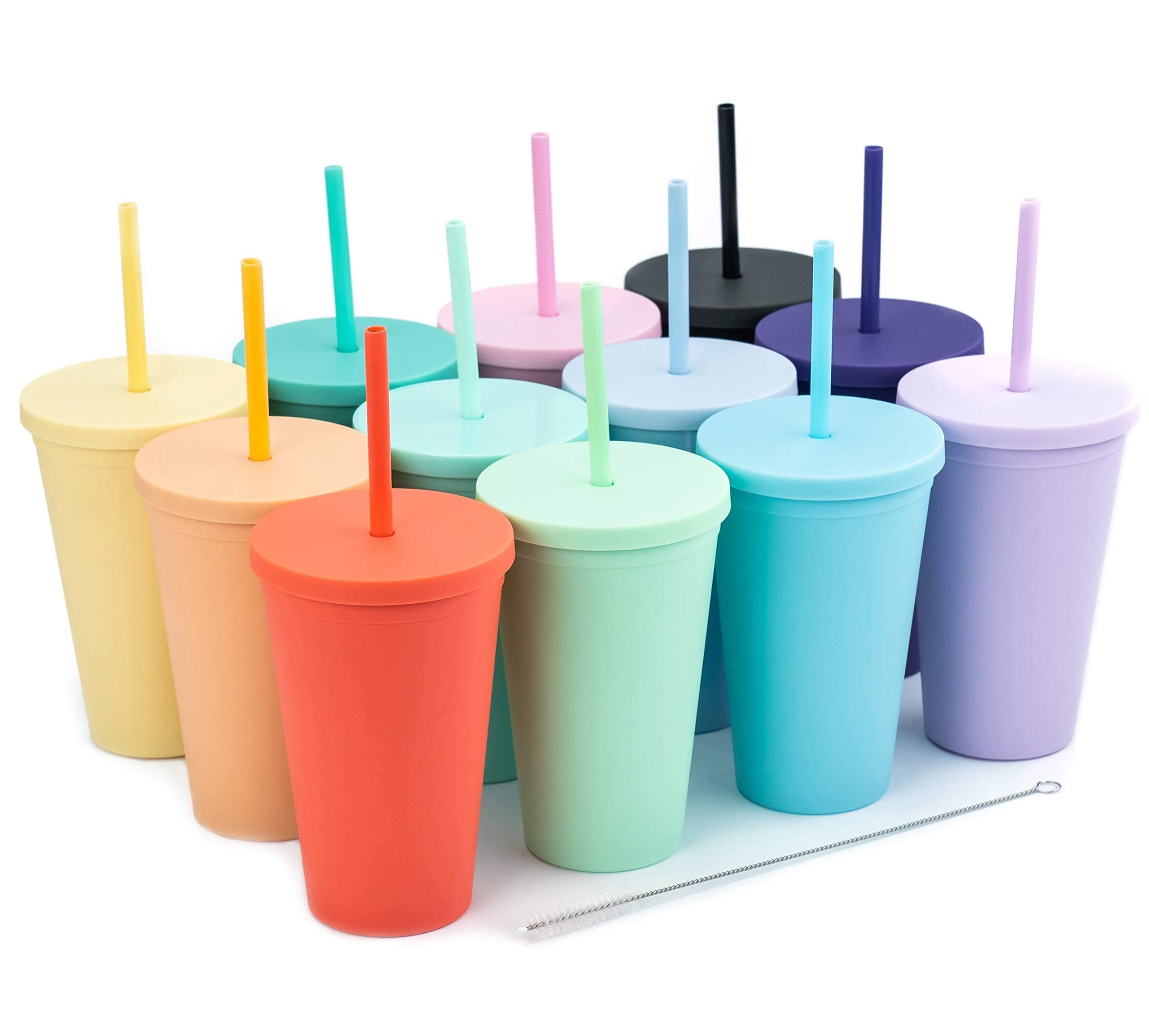 Tumblers with Lids (12 pack) 16oz Colored Acrylic Cups with Lids and Straws | Double Wall Matte Plastic Bulk Tumblers With FREE Straw Cleaner! Vinyl Customizable DIY Gifts (Assorted)