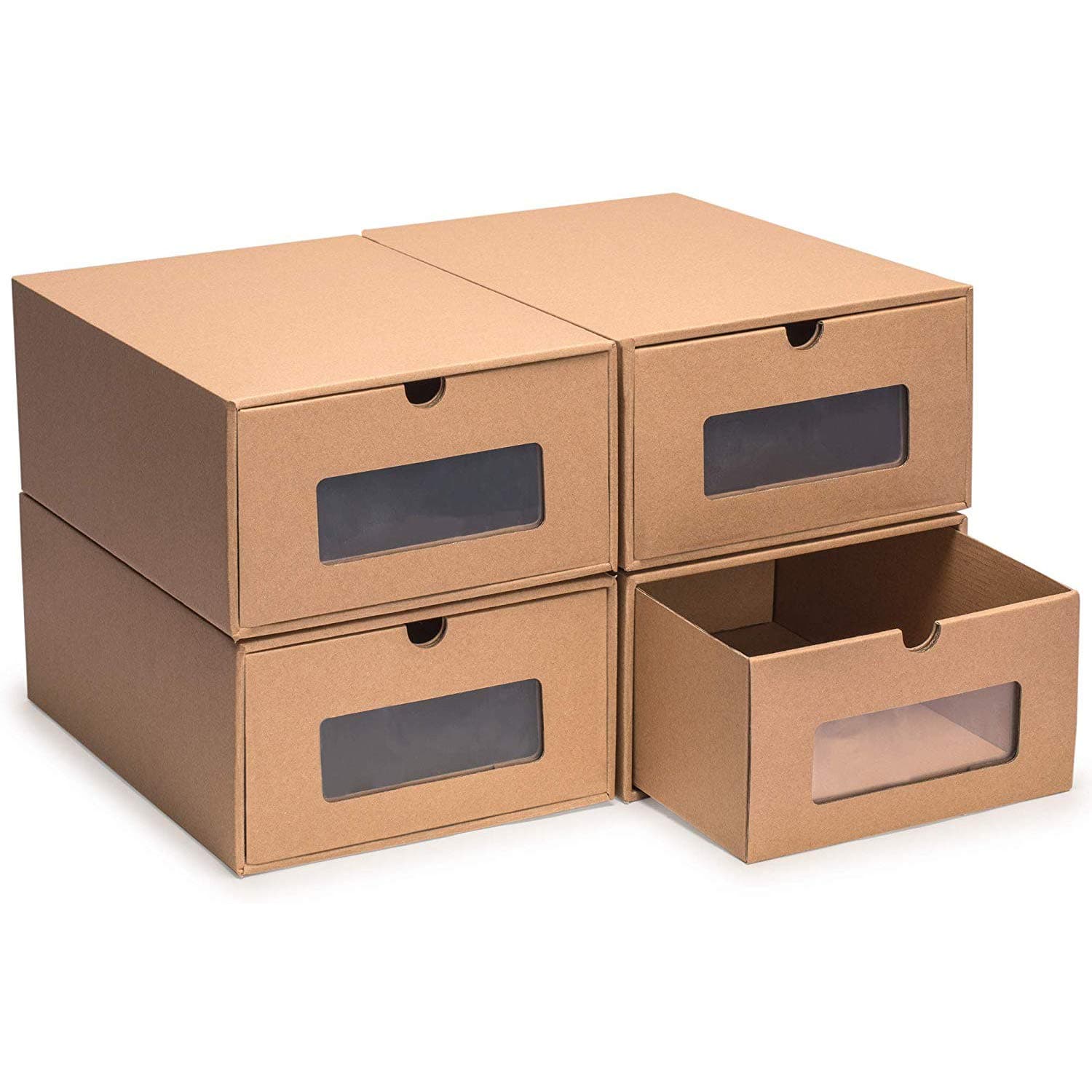WinCheer Cardboard Shoe Box 4 Pack, Durable Perspective Breathable Storage Shoes Boxes DIY Visible Cardboard Storage box with Drawer for Men Women, 13 x 9 x 5 Inch