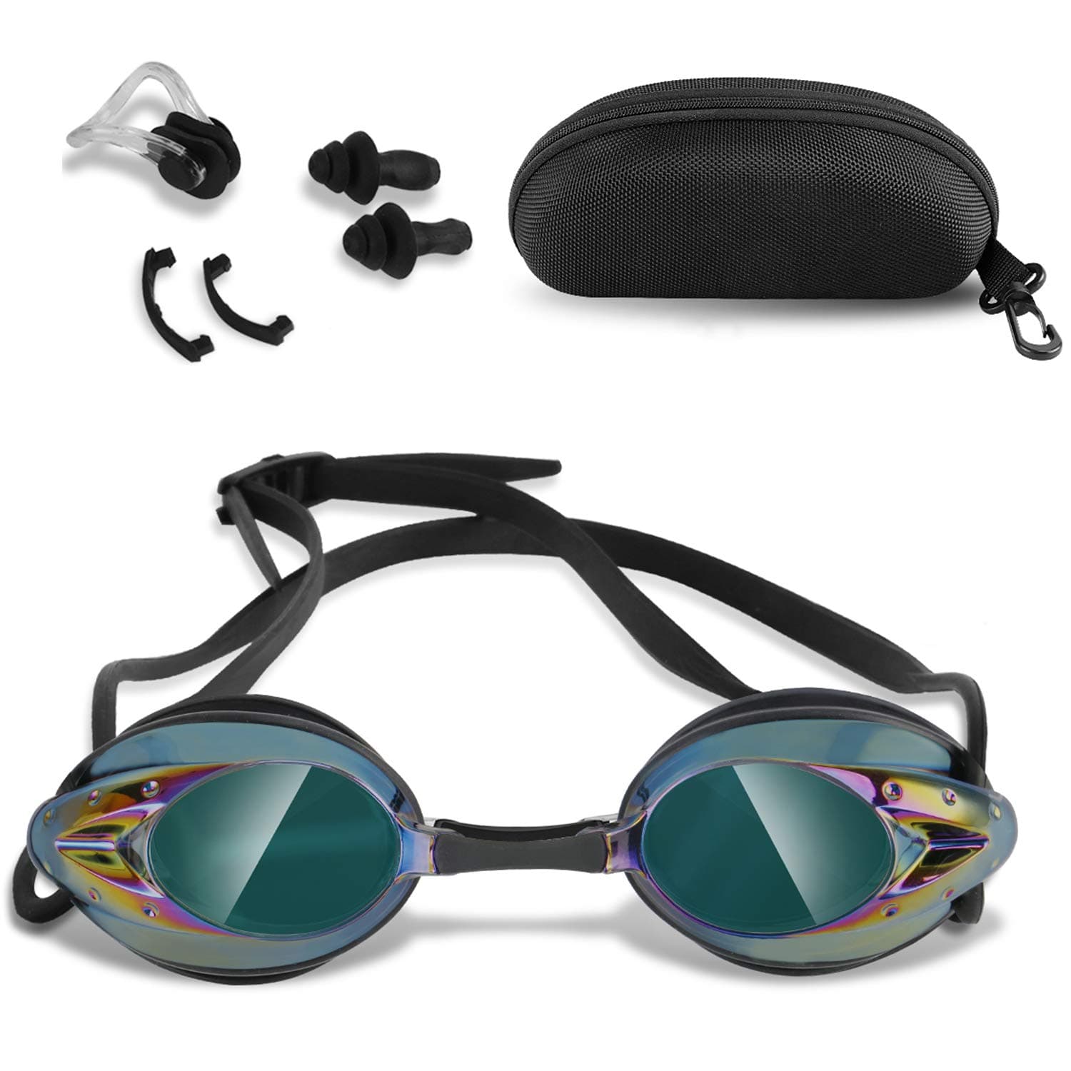 Swimming Goggles, Anti Fog Professional Competitive Swim Goggles UV Protection No Leaking Swimming Glasses with Protection Case Nose Clip and Ear Plugs for Men Women Adult Boys