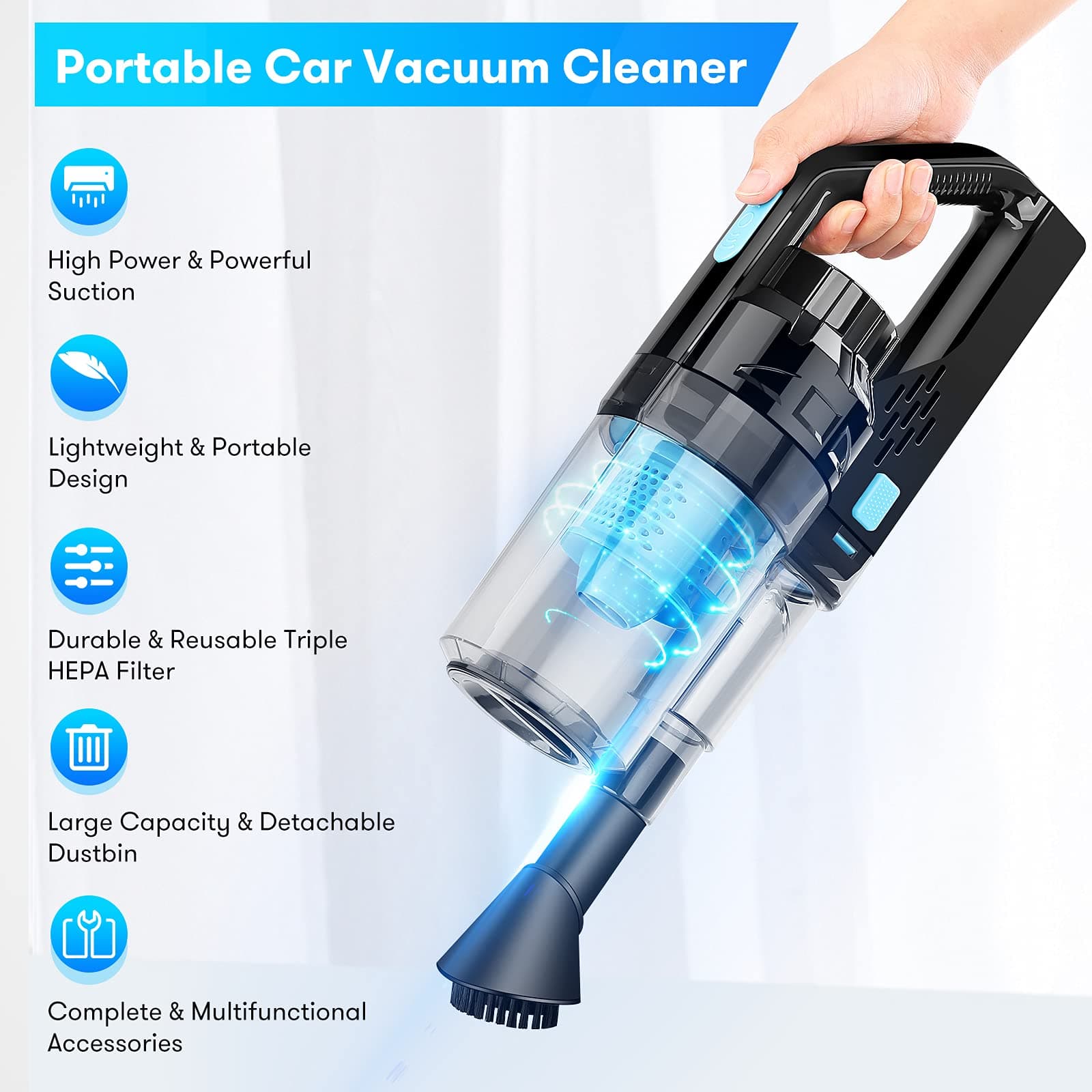 Portable Car Vacuum Cleaner with 16.4 Ft Corded, 12V/150W/7500PA, Car Cleaning Kit with Three-Layer HEPA Filter for Deep Cleaning