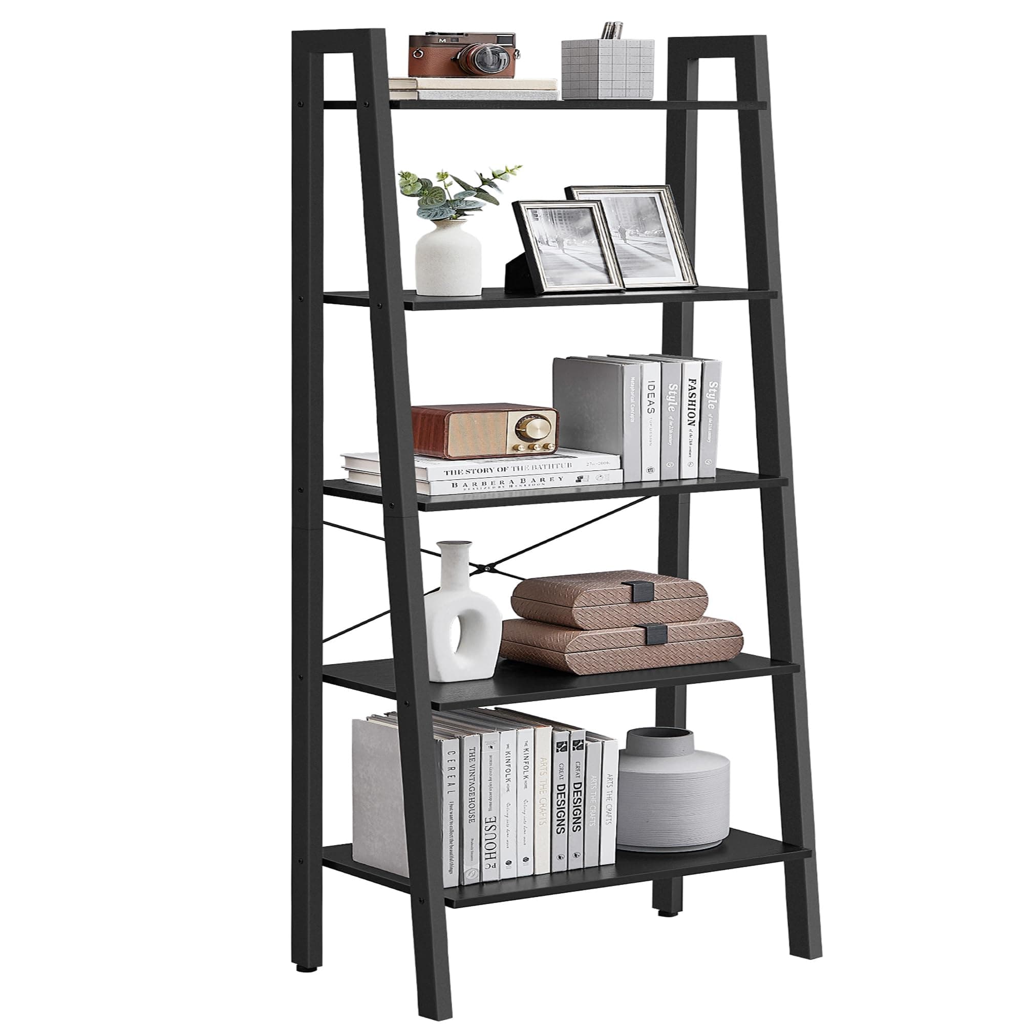 VASAGLE Ladder Shelf, 5-Tier Bookshelf, Storage Rack, Bookcase with Steel Frame, for Living Room Home Office, Kitchen, Bedroom, Industrial Style, Ebony Black + Black