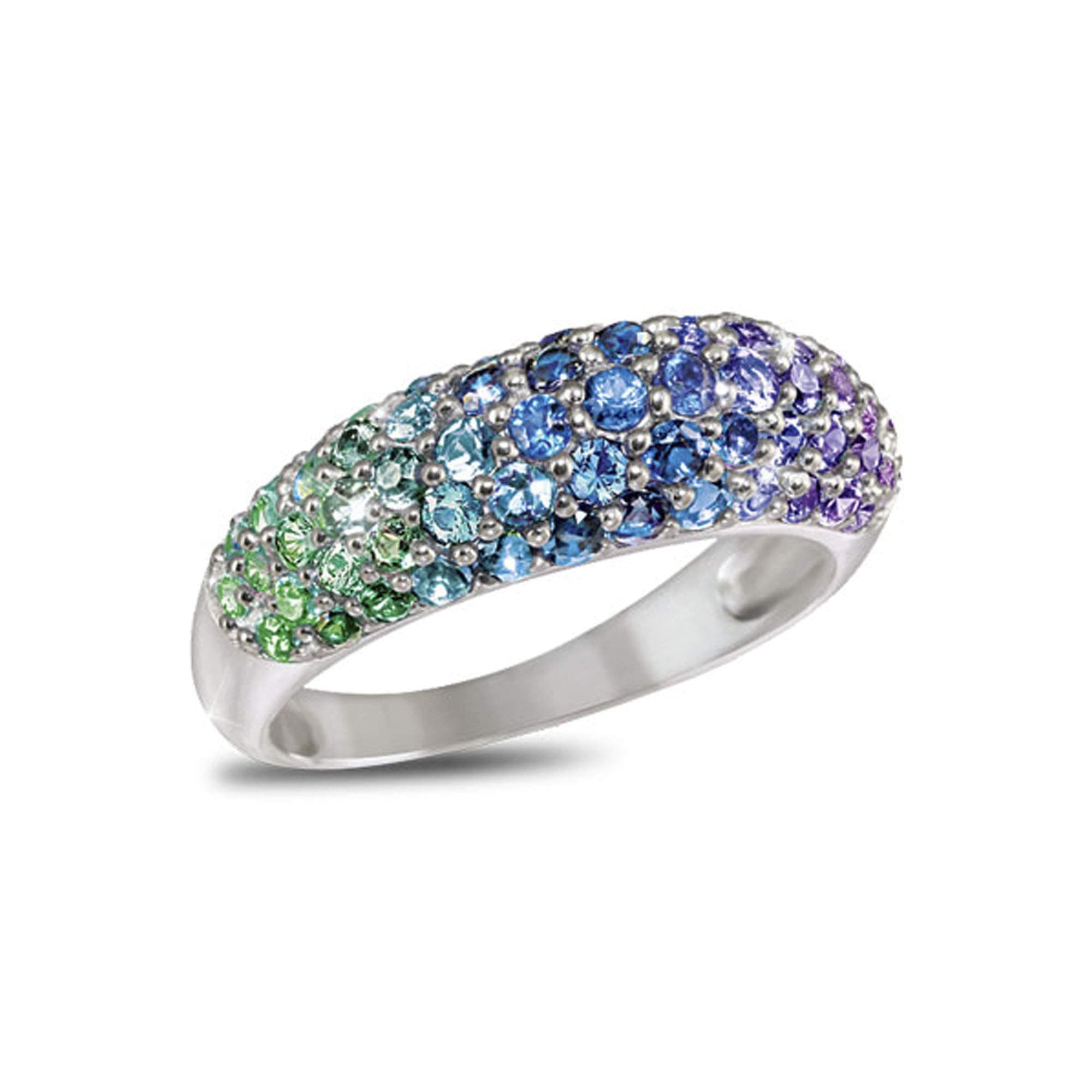The Bradford Exchange 'Charisma' Diamonesk® Ring –with Over 3 Carats of Simulated Emeralds, Sapphires & Amethysts Contemporary Dome Design. Presented in Solid Sterling Silver Setting. Gift Box