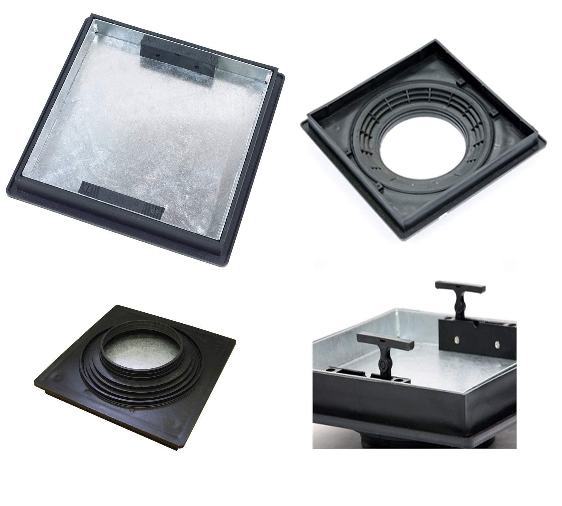 Clark Drain T1G3 440mm (L) x 440mm (W) x 52mm (D) Overall Size Recessed Square to Round Manhole Cover to Suite risers from 220mm to 300mm Locked and Sealed with Built in Handles