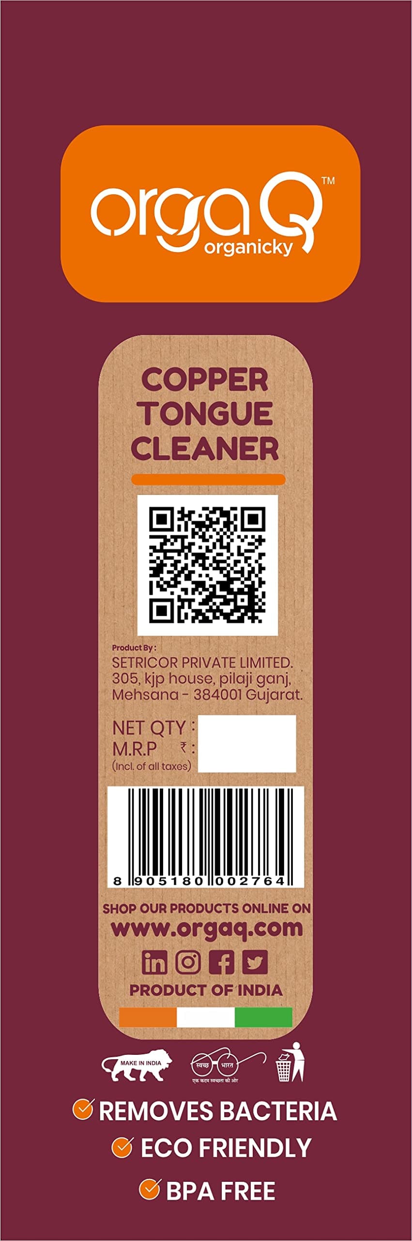 OrgaQ Organicky Natural Copper Tongue Cleaner (Scraper) for Freshens Breath | Eco Friendly (Pack of 2)