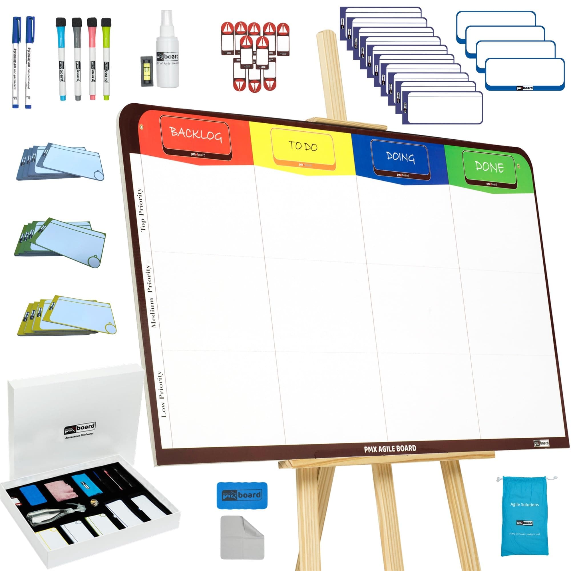 Kanban Board Magnetic, Scrum Board Magnetic Kit, Full Magnetic Project Management Board by pmxboard. 84 Piece Kanban Magnets, Kanban Cards, Scrum Cards Agile Kit. Project Planning Task Board Scrum Kit