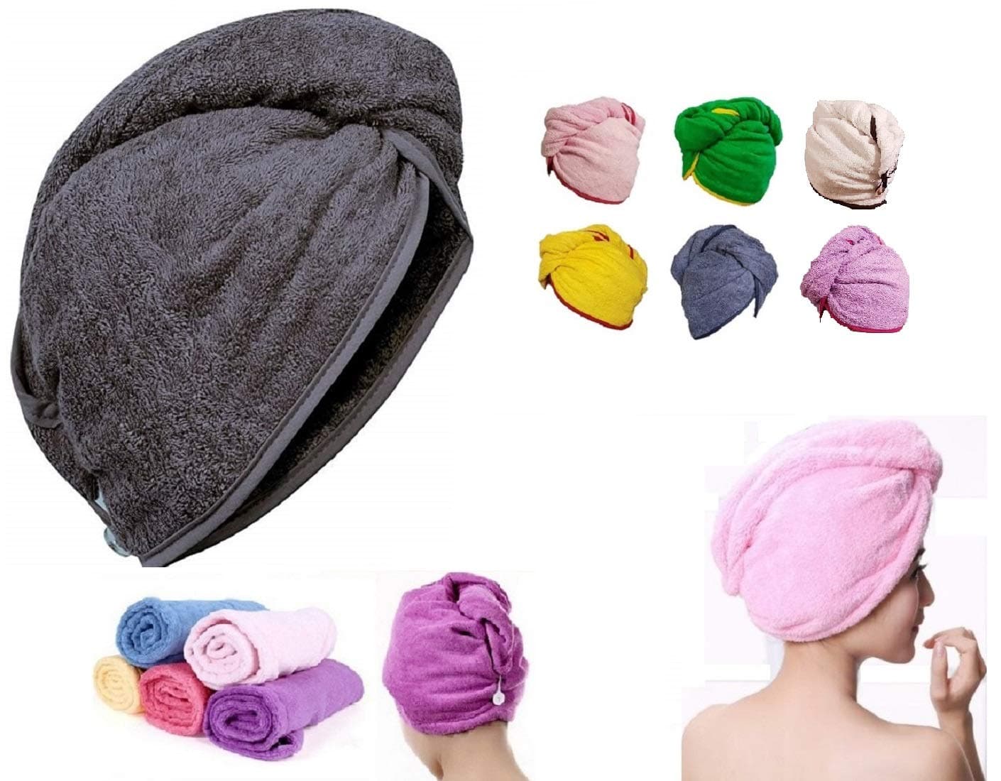 100% Pure Cotton Hair Drying Towel, Head Wrap Turban Turbie Loop Button Fastener 500 GSM Towel for Extra Absorbent Any Colour 65X24CM. NOT MICROFIBRE Shower Bath Swim