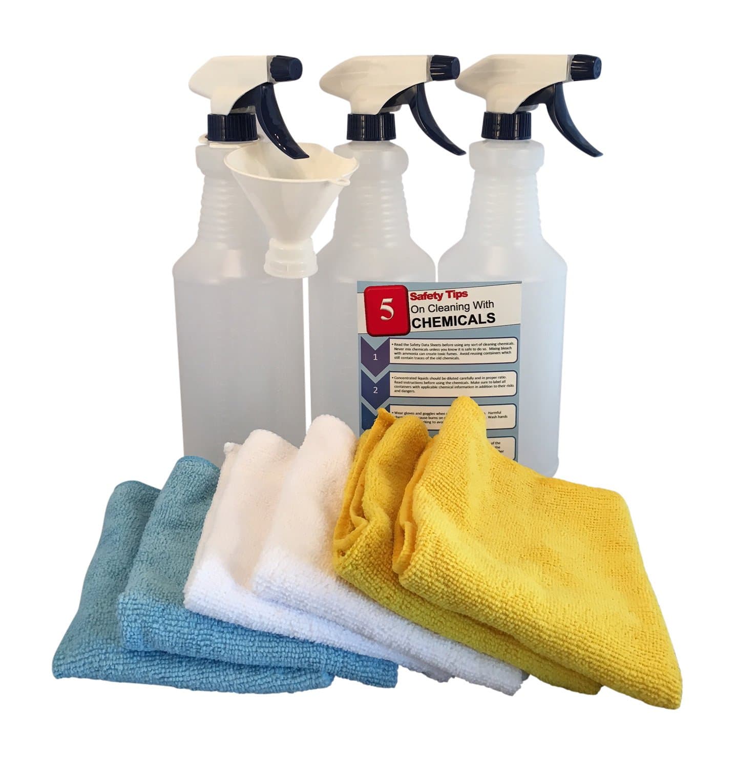 32-Oz Heavy-Duty Industrial Janitorial Spray Bottles (3 Pack) with 6 Microfiber Cleaning Cloths, Threaded Funnel and Safety Tips Card (11 Piece Set) (Blue)