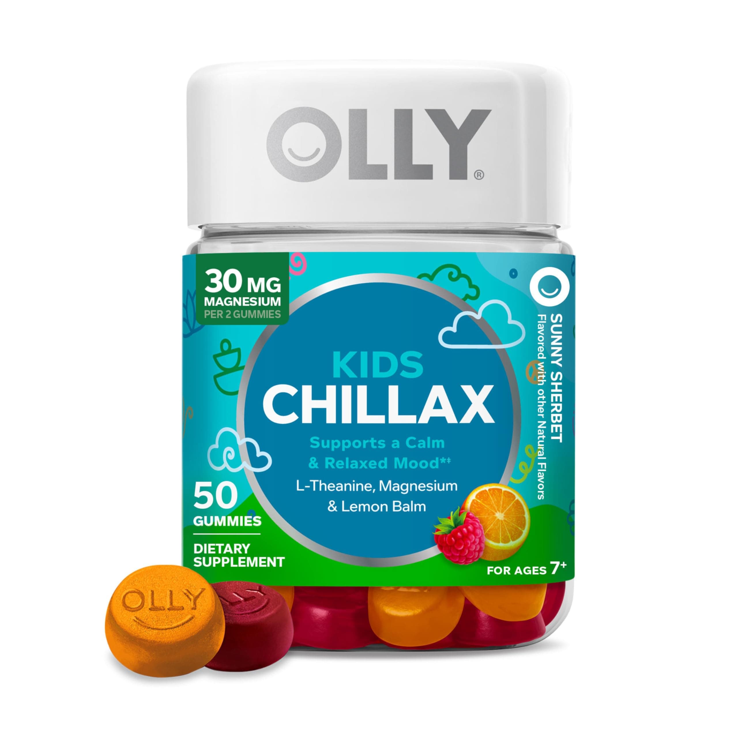 OLLY Kids Chillax, Magnesium Gummies Plus L-Theanine, Lemon Balm, Calm Chews for Kids 4+, Sherbet Flavor - 50 Count