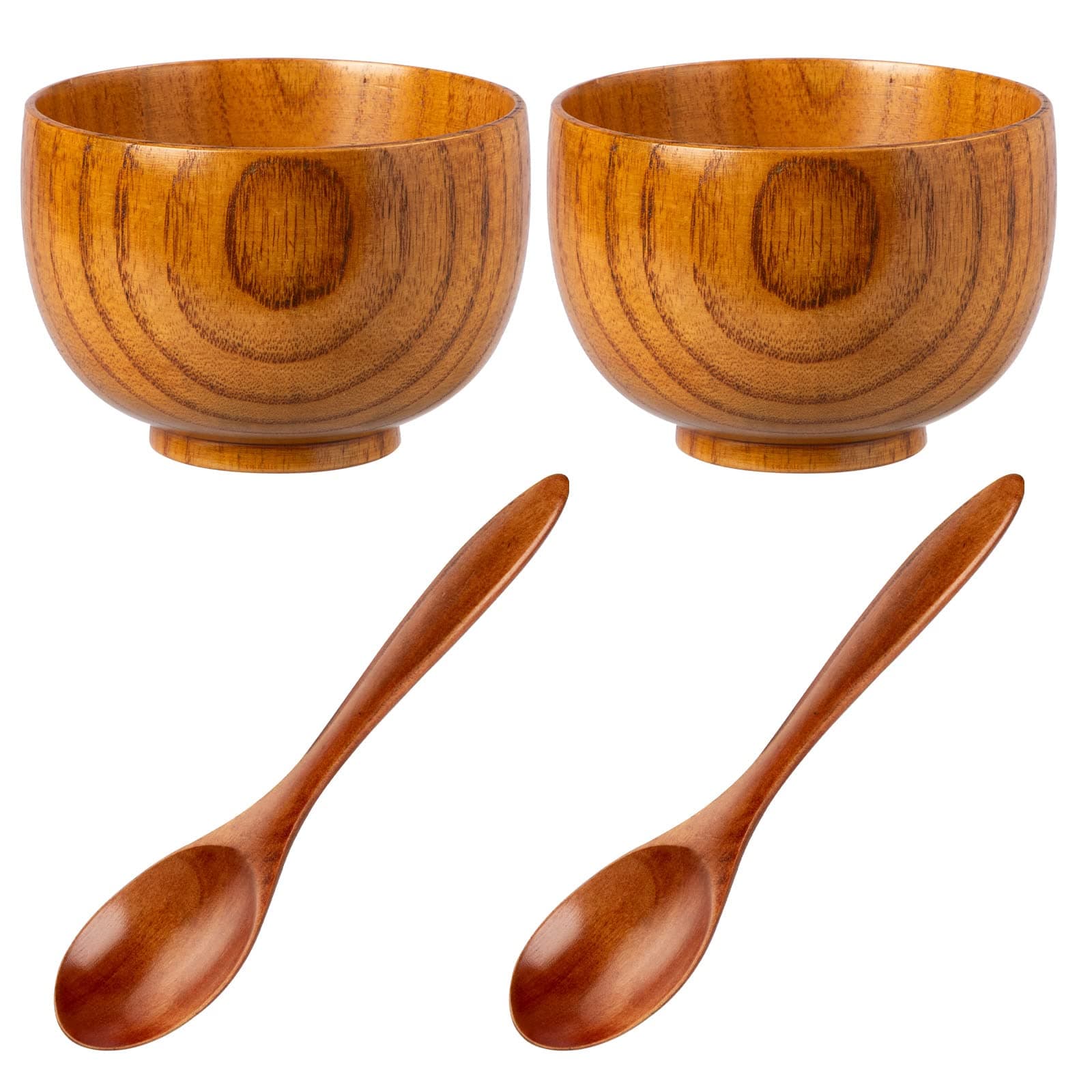 NUOMI 2 Sets Wooden Bowls for Food, Small Wood Bowls with Wood Spoons for Dessert Snacks Soup Tableware Set