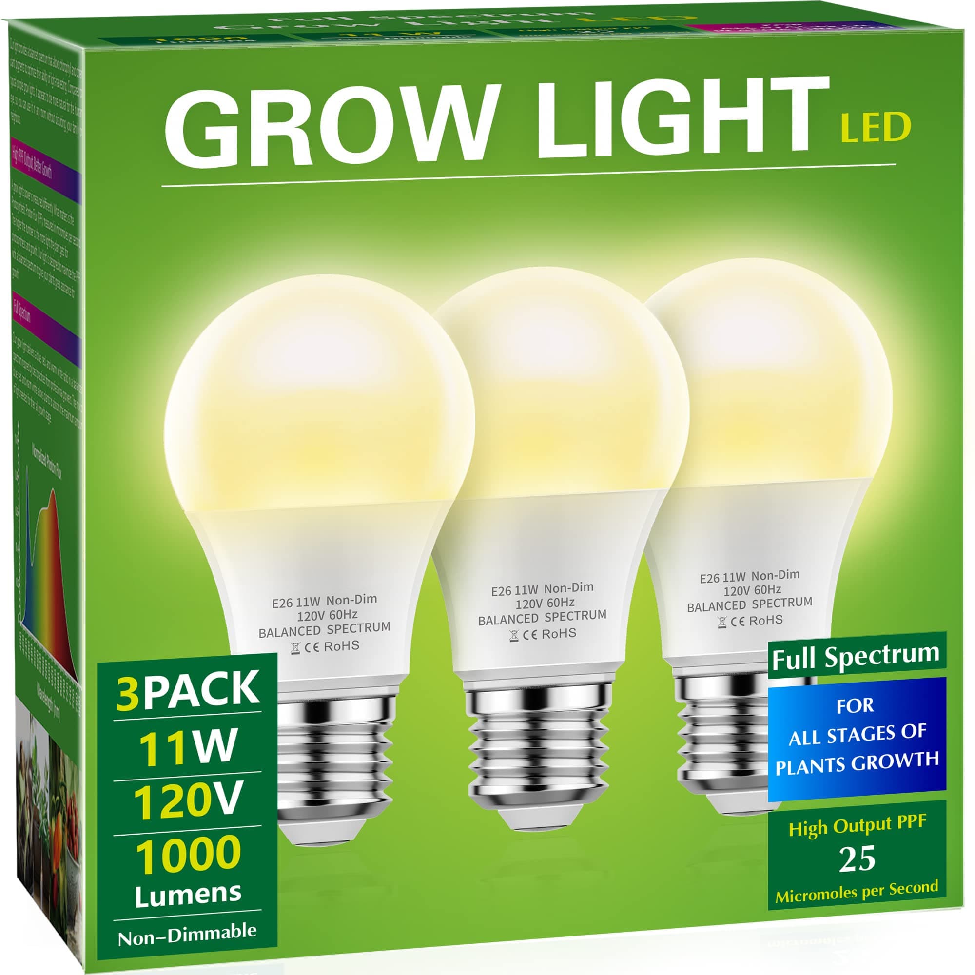 Briignite LED Grow Light Bulbs, Full Spectrum, Plant Light Bulbs E26 Base, 11W, 100W Equivalent, 3Pack