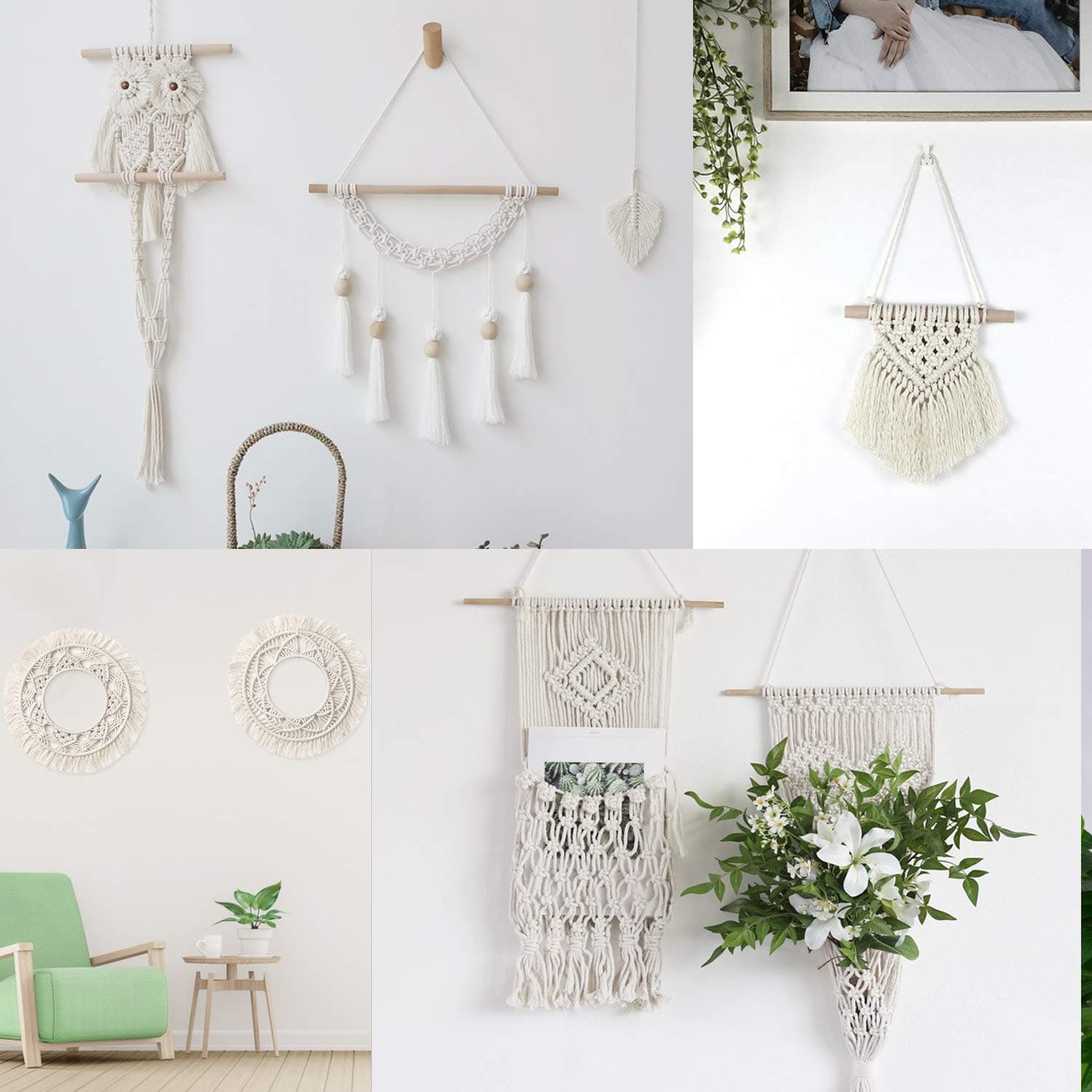 GoMaihe Macrame Cord 3mm x 492 Feet(150m) Macrame Kit with 110 pcs Wooden Beads, 8pcs Wood Ring and 4 pcs Wooden Sticks for DIY Knitting Craft Beginners, Plant Hanger, Wall Hanging, Beige