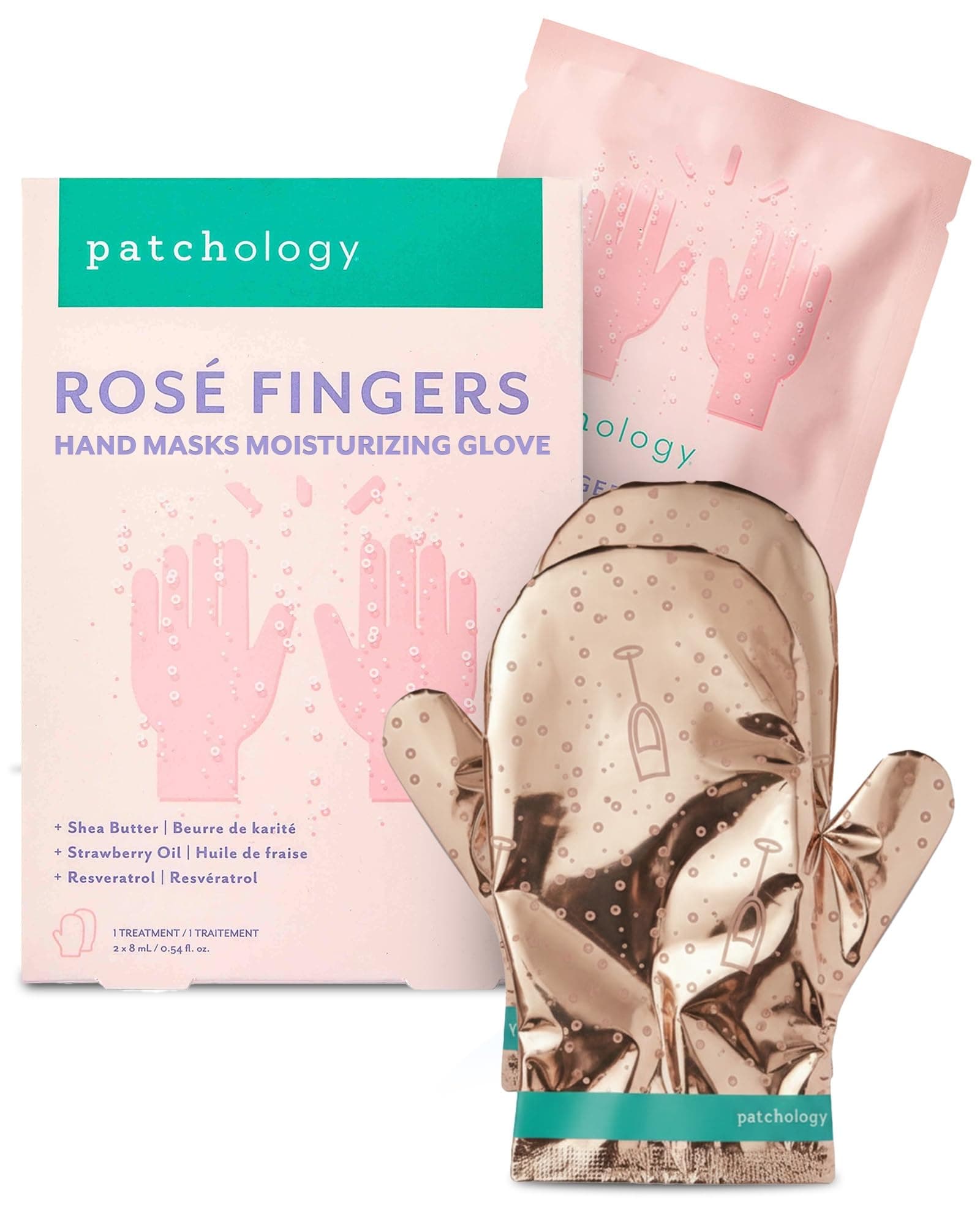 Patchology Rosé Fingers Renewing Hand Mask - Strawberry-Scented Moisturizing Gloves with Shea Butter for Dry & Cracked Hands, Repairing Hand Treatment for Baby Soft Skin, Self-Care Essential - 1 Pair