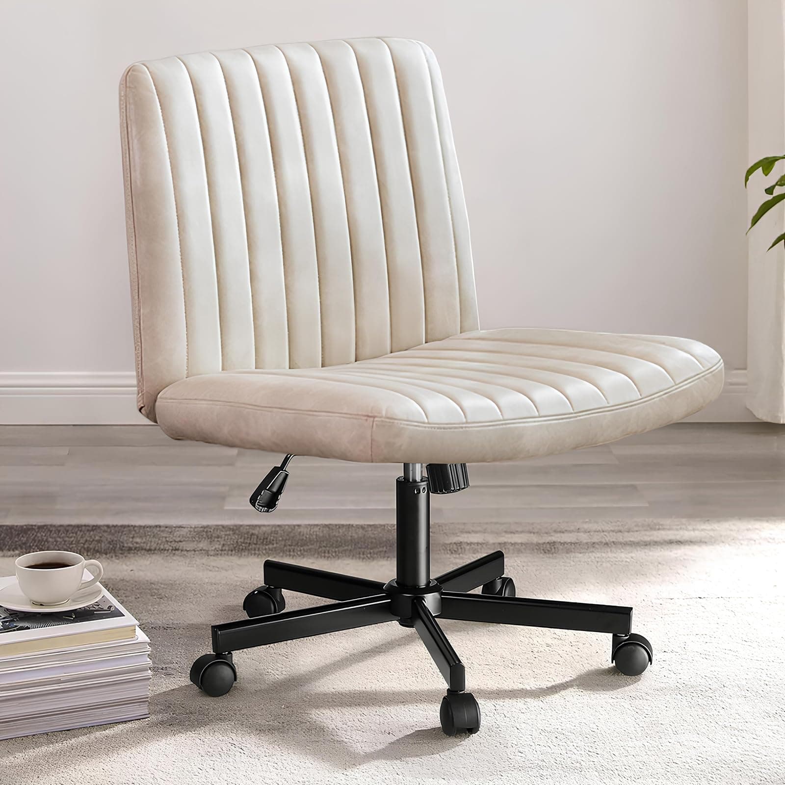 JNMFTD Criss Cross Desk Chair with Wheels, Armless Wide Desk Chair Cross Legged Office Chair Comfy Pu Leather Adjustable Swivel Vanity Chair, for Home Office Bedroom Small Space, Beige