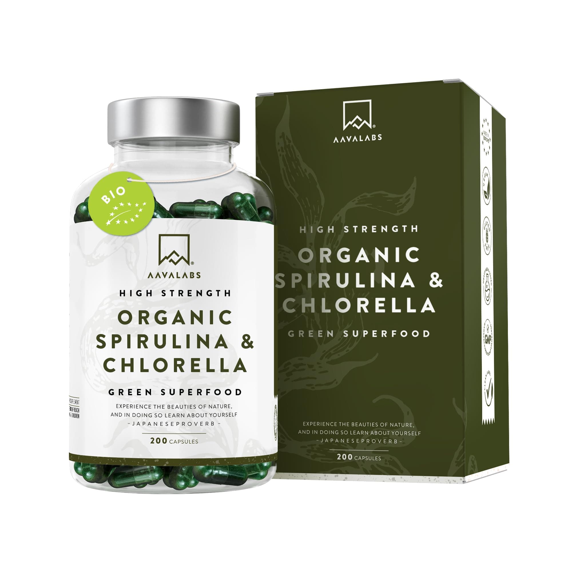AAVALABS Chlorella Powder and Spirulina Powder [ 1800 mg ] - 200 Powdered Chlorophyll Tablets - High Strenght Blue Spirulina Powder and Chlorella Tablets - 100% Vegan Spirulina Capsules