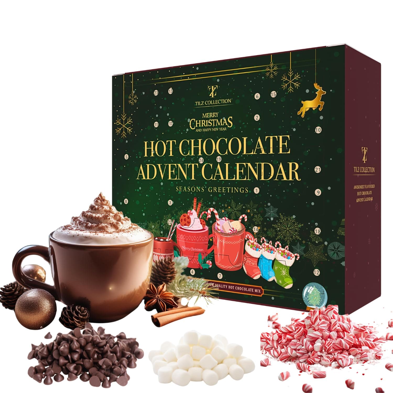 Hot Chocolate Advent Calendar 2023, Christmas, 24 Day Gift Set with Hot Chocolate Selection with Mini Marshmallows for Hot Chocolate | Candy Canes | Chocolate Drops | 12 Flavors,