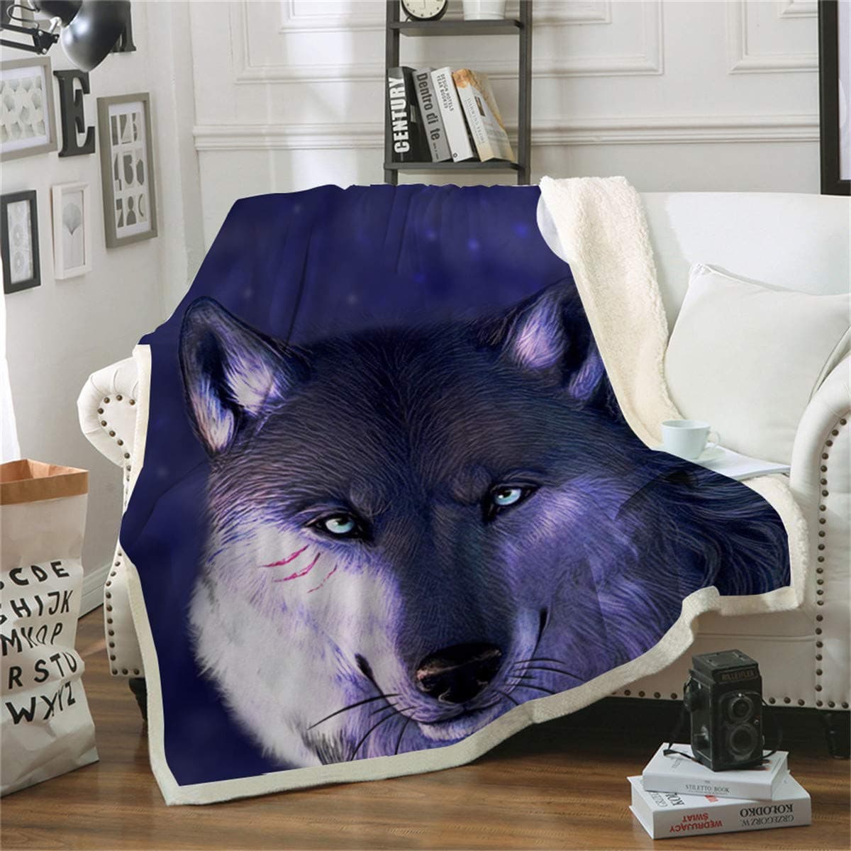 WONGS BEDDING Wolf Throw Blanket 3D Animal Throw Blanket The Face of Wolf Printed Sherpa Blanket for All Seasons, Soft Fuzzy Plush Throw Blanket for Couch Sofa 50"x60"