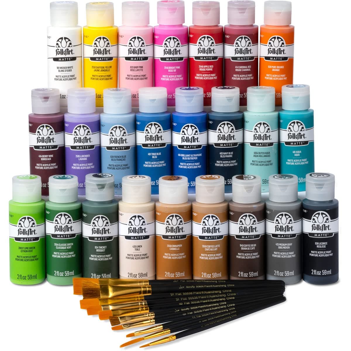 99445 24 Bottle Acrylic Craft Paint Set with 10 Pack of Brushes, 2oz, Colors May Vary