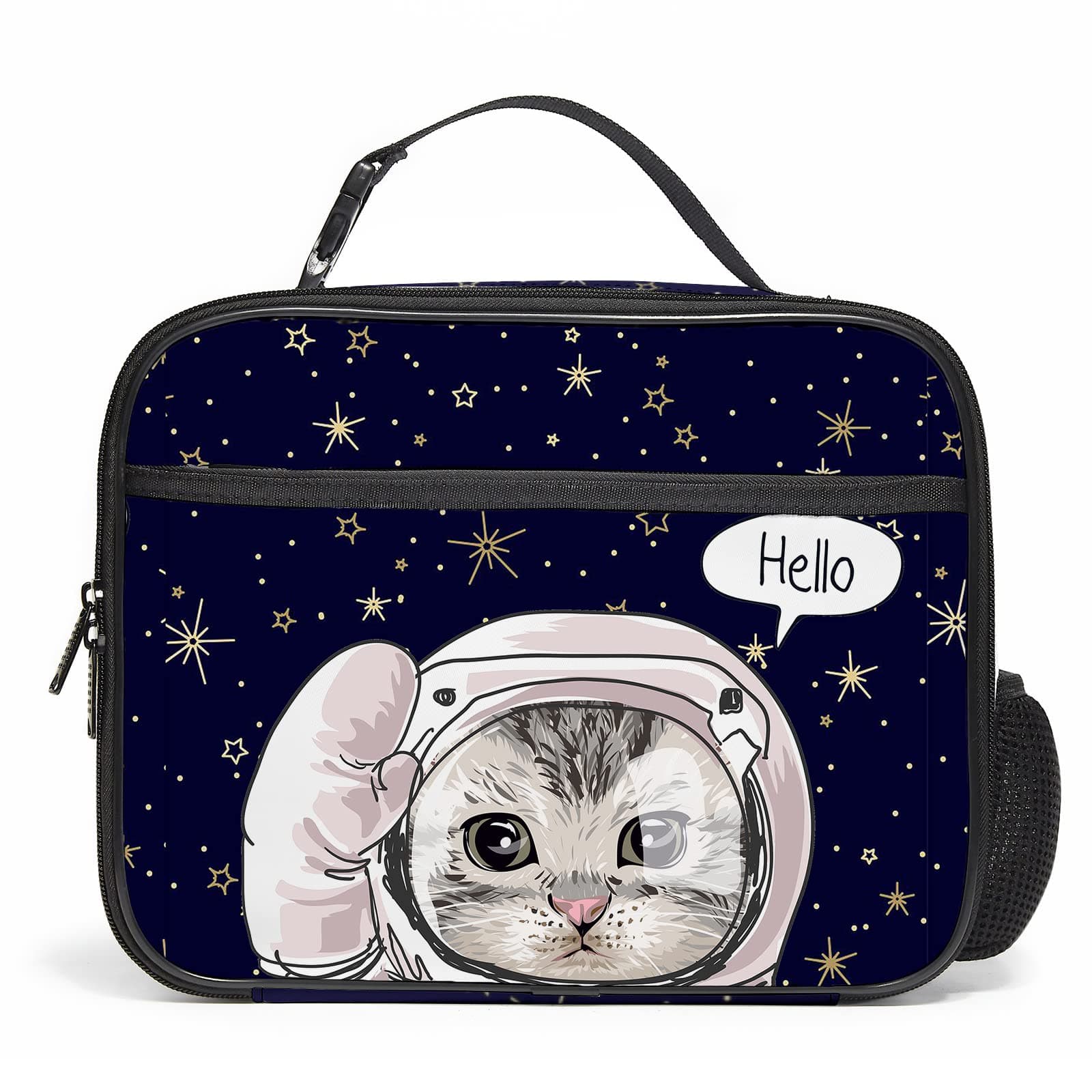 Astronauts Cat Lunch Box, Cooler Spcae Cat Lunch Bag with Detachable Buckle Hand Strap, Large Capacity Durable Lunch Tote Bag with Side Pocket for Women Teens Boys Girls(Spcae Cat)