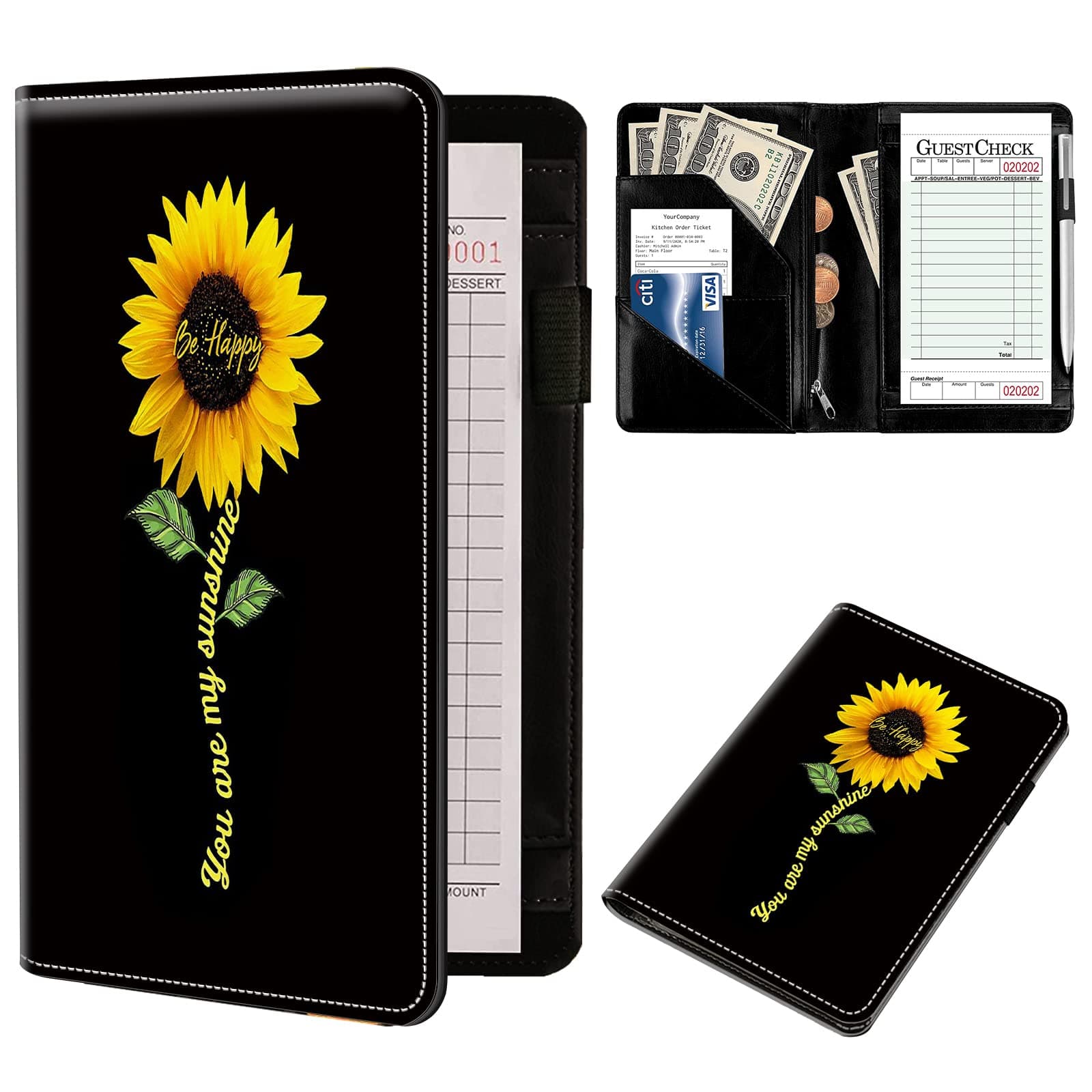 Server Book Organizer, Be Happy Sunflower Server Books for Waitress, PU Leather Waiter Book Organizer with Zipper Pocket Guest Checks Books Holder for Restaurant Fit Server Apron