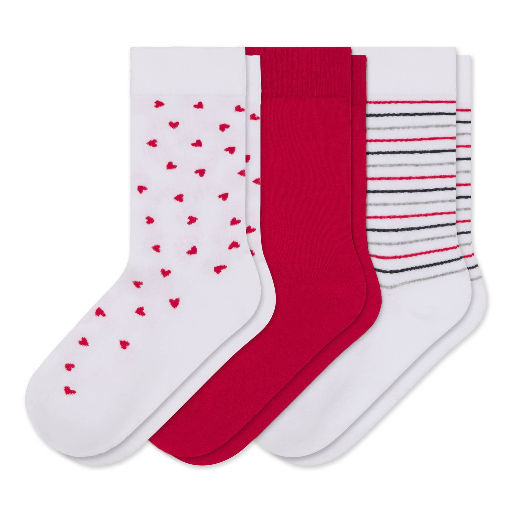 Health & Comfort Womens Non-binding Comfort Crew Socks 3 Pack (M, Hearts/Stripes/Red)