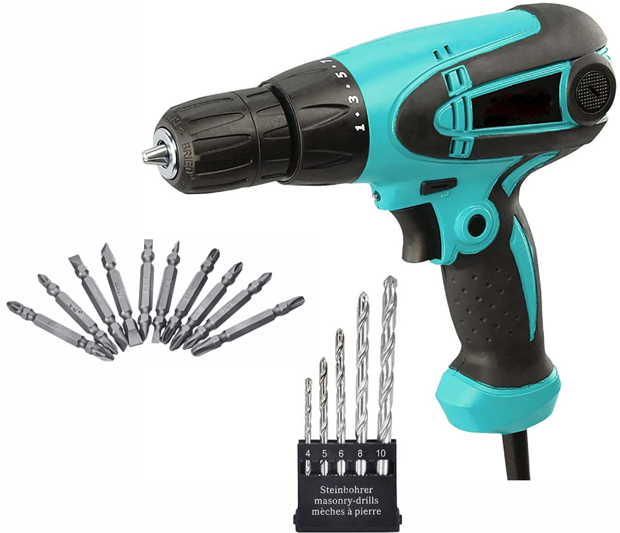 XDLB 10mm Screwdriver Cum Drill Machine with Reverse Forward and Torque Adjustment Facility and 5 Pieces RCC and 1 Set PH2 +/- Bit set Combo