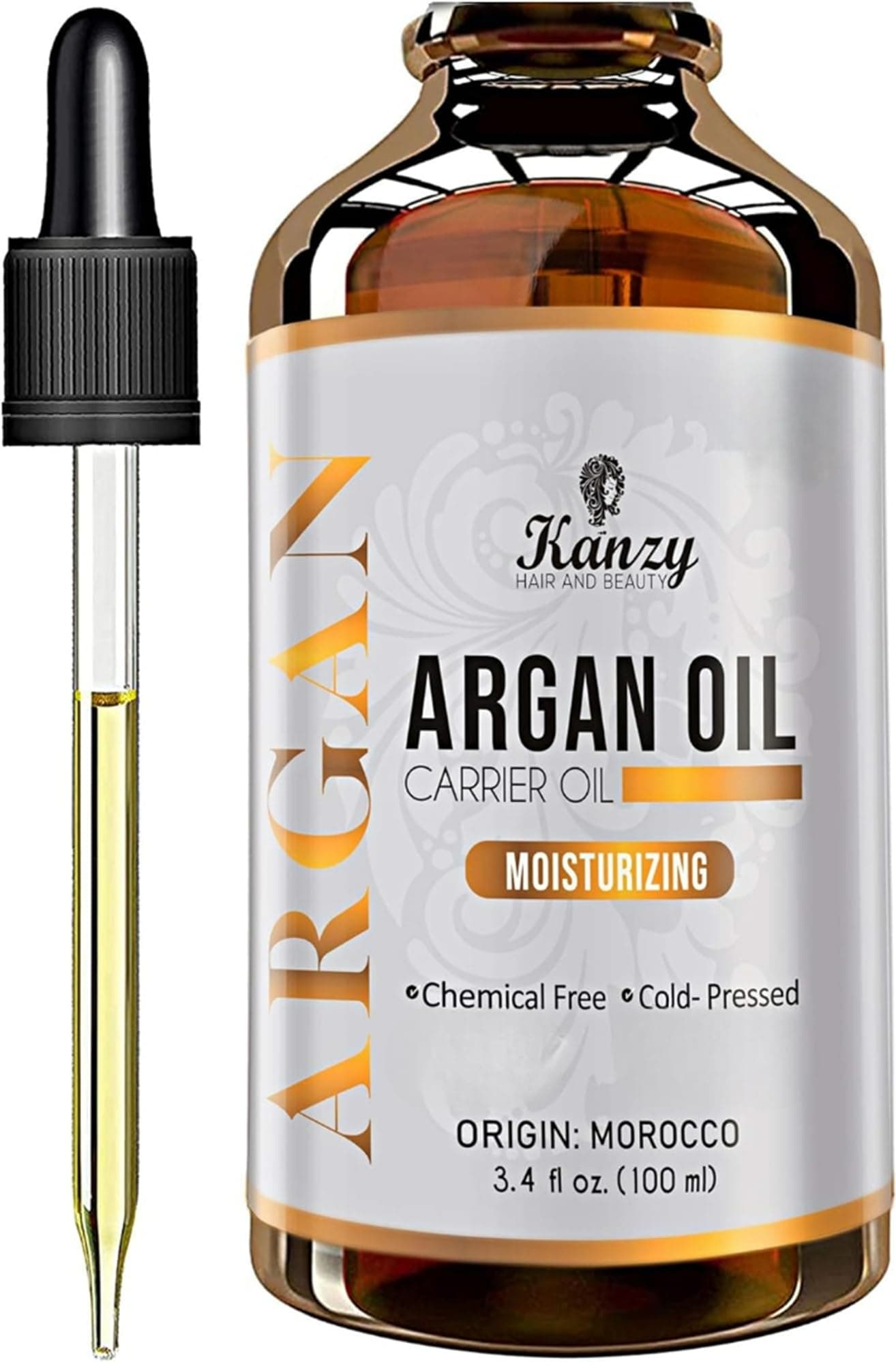 Kanzy Argan Oil 100% Pure Bottled in Morocco 100ml - Natural Moroccan Argan Oil for Skin, Vegan Cold Pressed Hair Oil for Dry Damaged Hair and Body for both Men and Women
