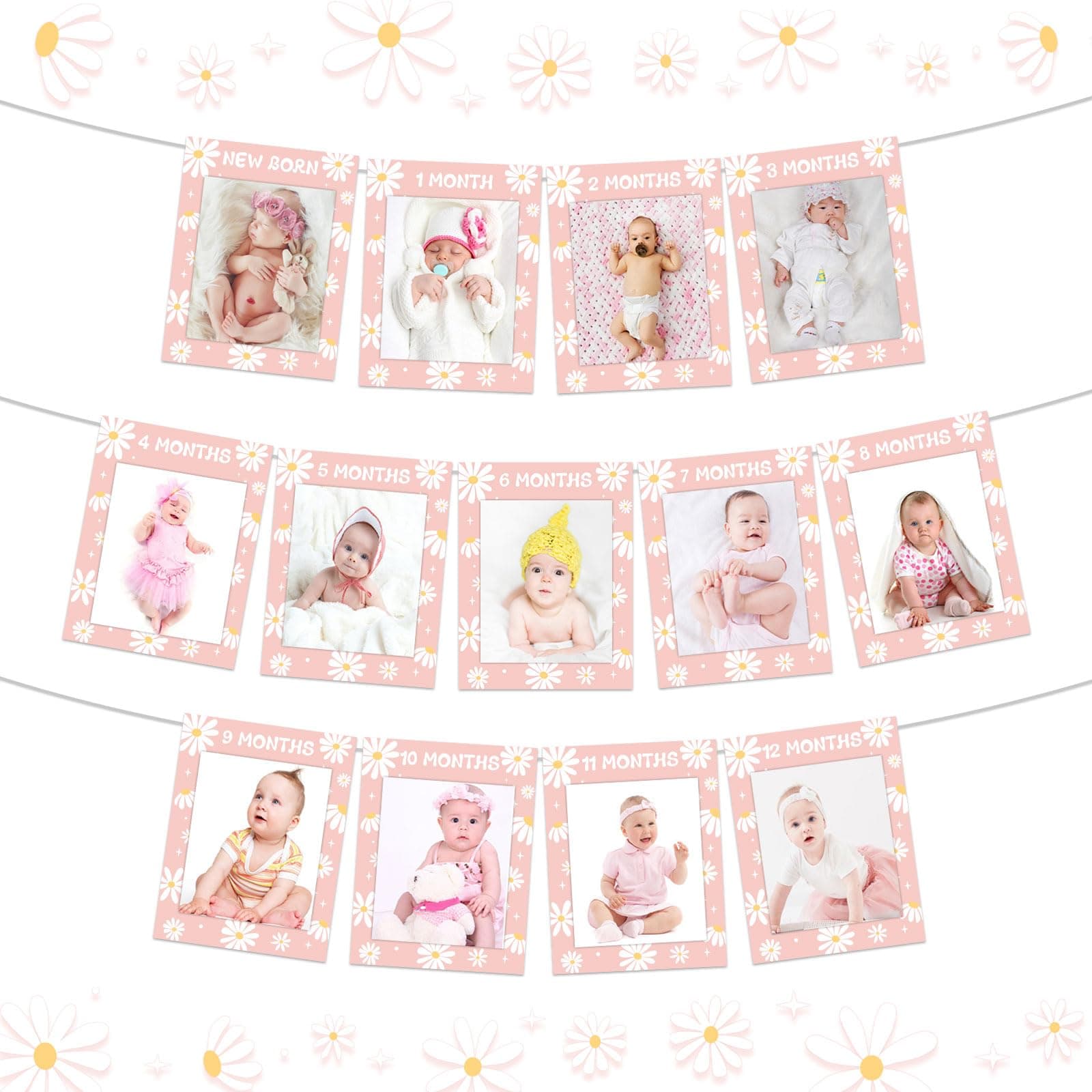 Daisy 1st Birthday Photo Banner for Girls, Pink Groovy 1-12 Monthly Photo Banner, Daisy Boho Hippie Baby Girl First Bday Party Supplies