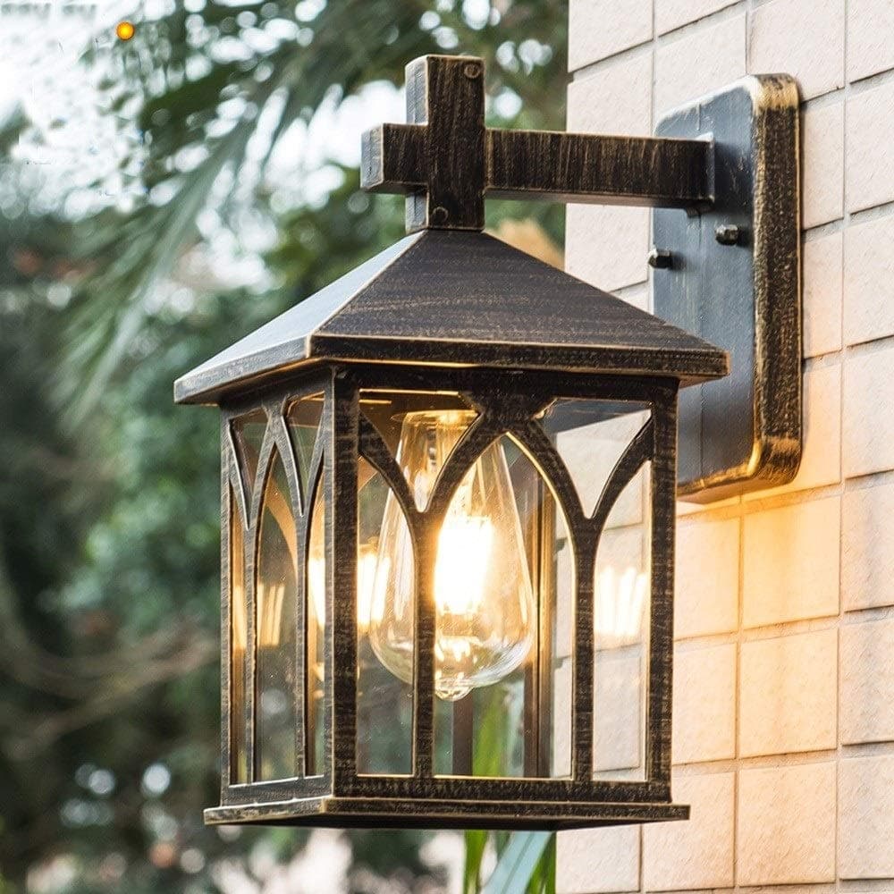 FNCUR Square Glass Lantern Wall Sconce Light Vintage Outdoor Waterproof Rustproof Wall Lamp Outside Decoration Aluminum Metal Wall Lantern for Corridor Villa Patio Garden (Color : Black Gold)