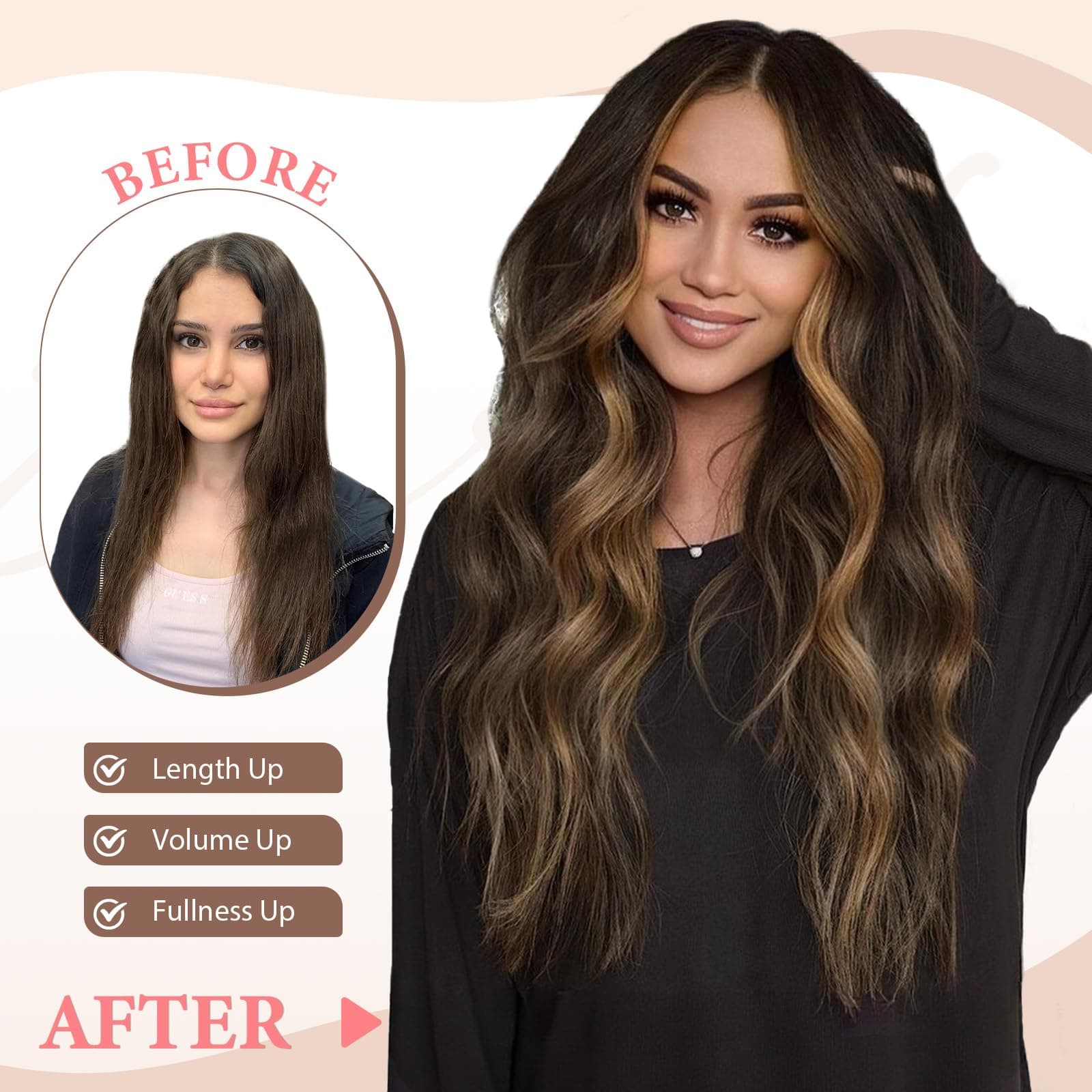 Clip in Hair Extensions for Women Black with Caramel Highlights Long Wavy Hair Extensions Clip Ins 6PCS 20 Inch Synthetic Soft and Natural Thick Hair Pieces for Women