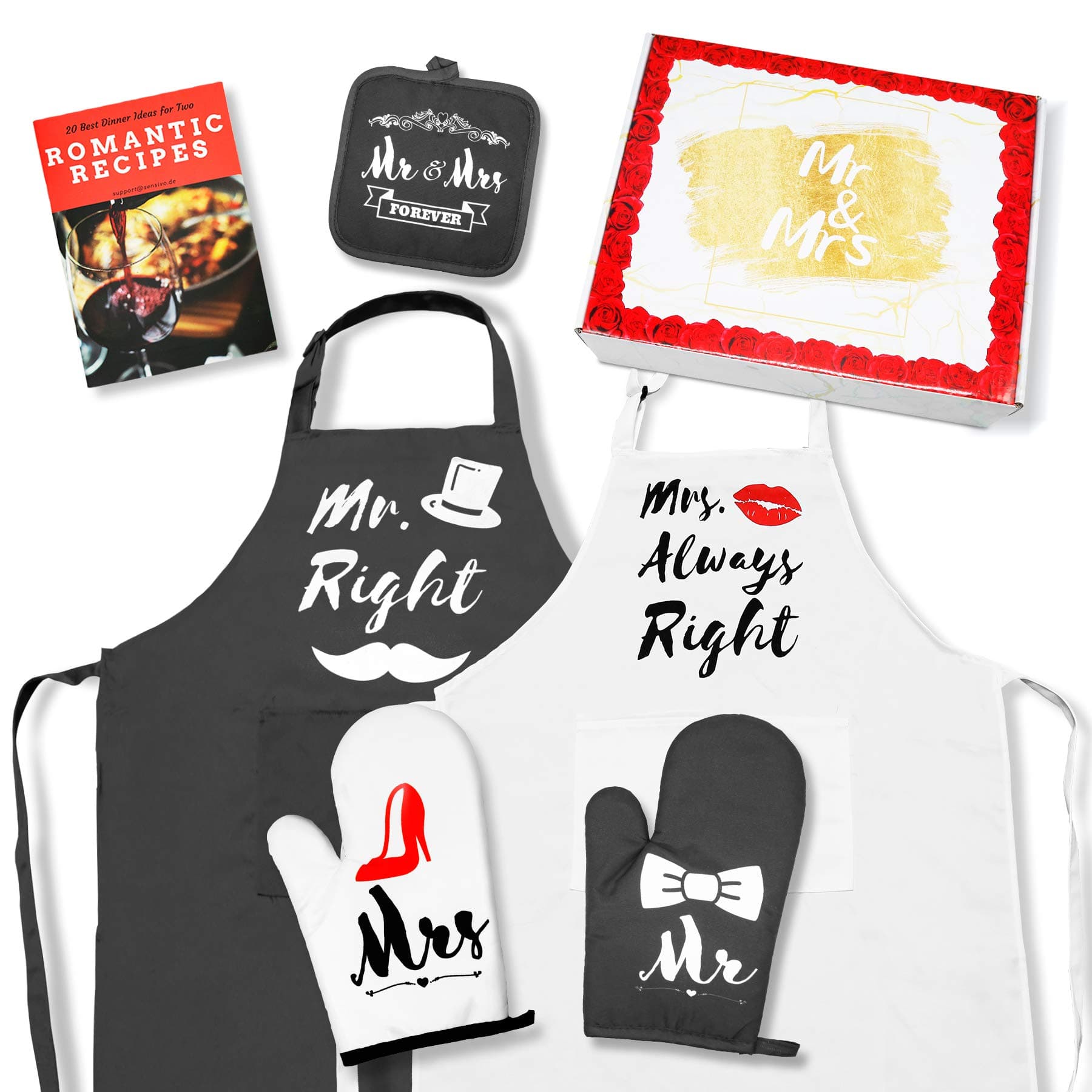 Wedding Gifts For Couple, Bride Gifts, Engagement Gift For Couples Gifts - Aprons, Oven Mitts And Pot Holders Sets, Romantic Recipes