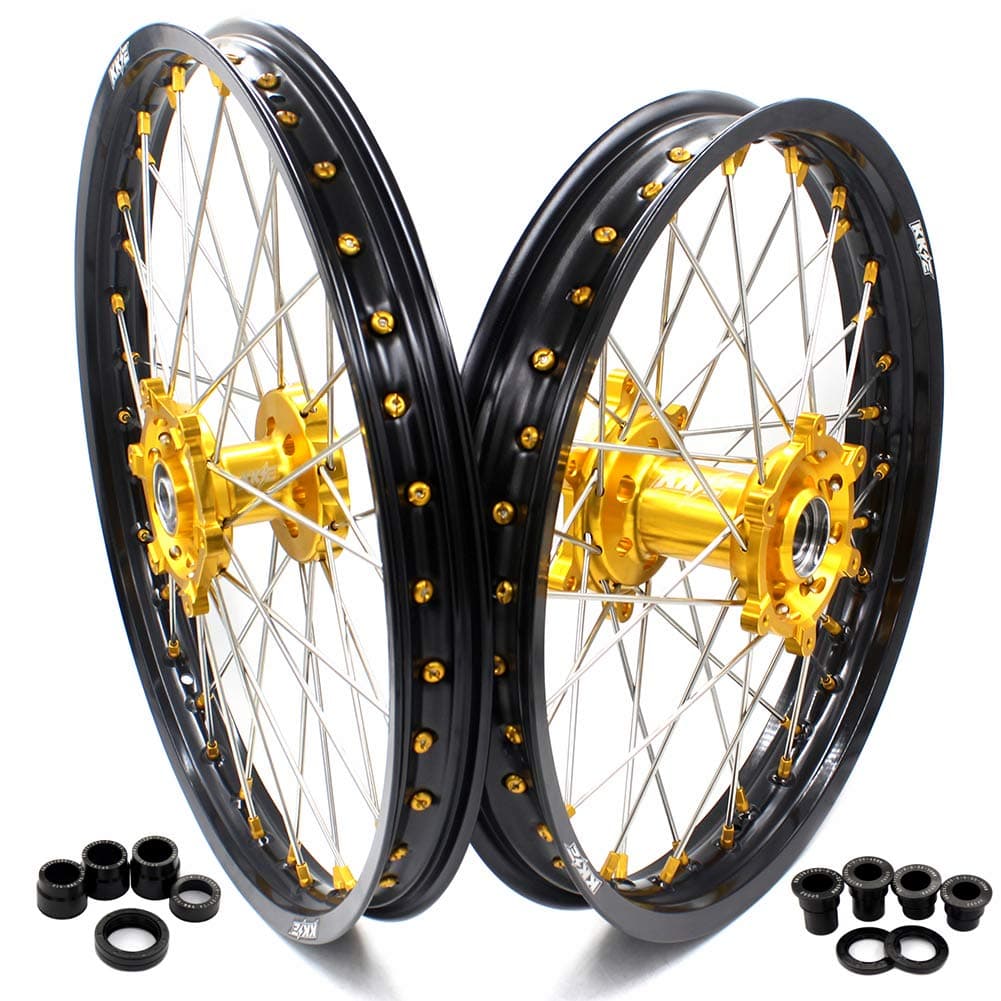 KKE 21/19 MX Dirt Bike Wheels Set for SUZUKI RMZ250 2007-2023 RMZ450 2005-2023 Gold Alloy Nipple Black Rims