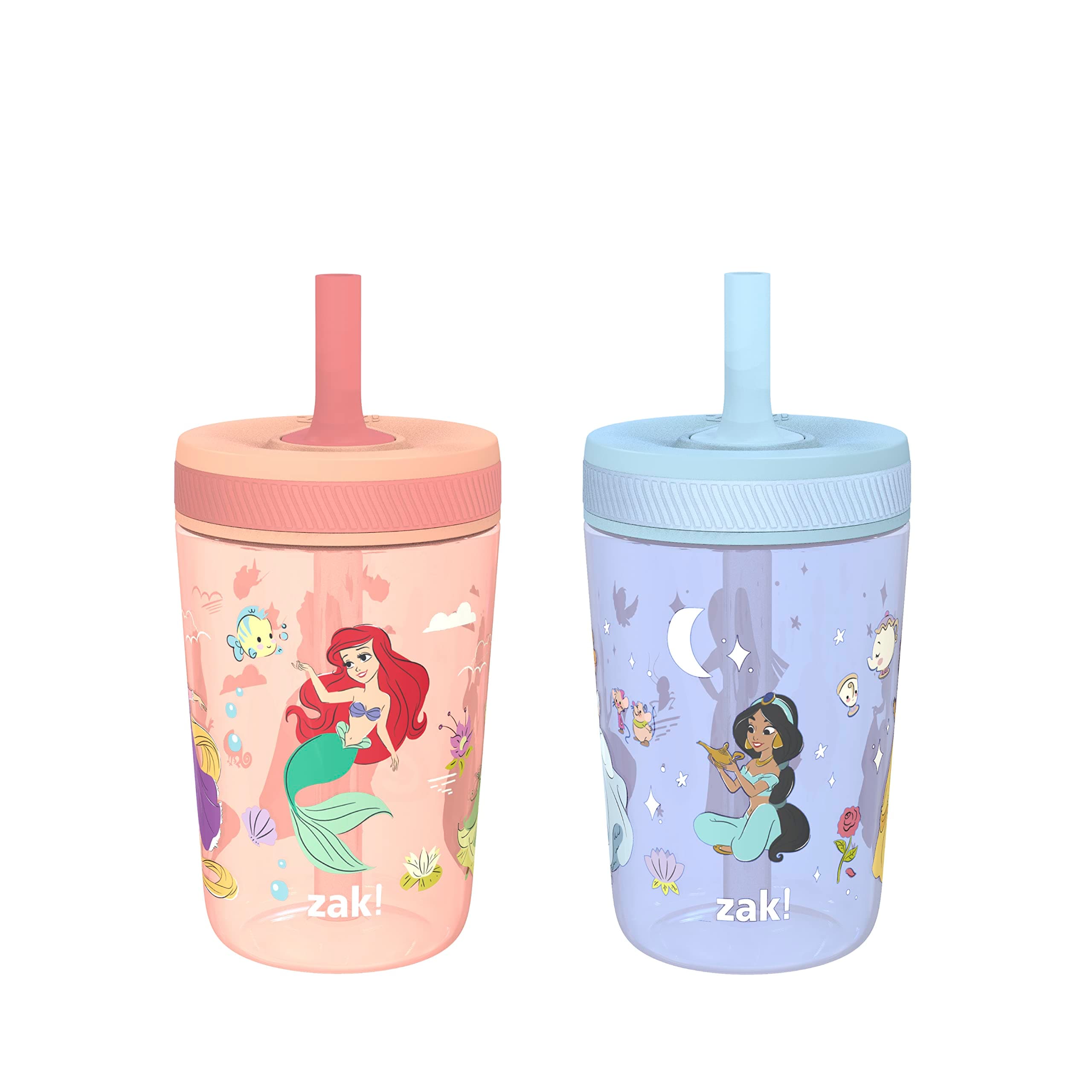 Zak Designs Disney Princess Kelso Toddler Cups For Travel or Home, 15oz 2-Pack Plastic Sippy Cups, Leak-Proof For Kids (Ariel, Aurora, Belle, Cinderella, Jasmine, Mulan, Rapunzel, Tiana)