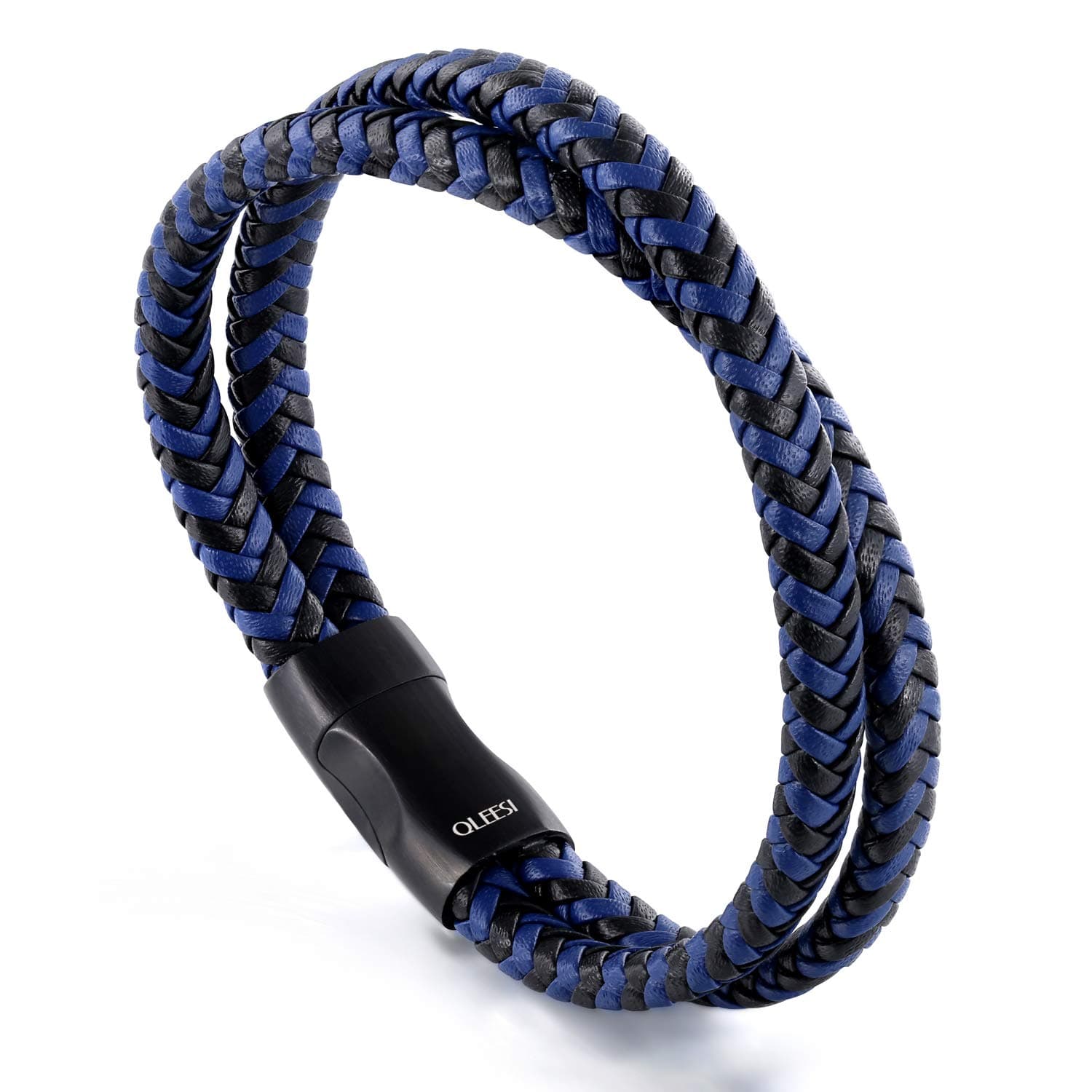 QLEESI Mens Leather Bracelet - Blue Double Layer Braided Leather Bracelet for Men with 316L Stainless Steel Magnetic Clasp Best Bracelets Gifts