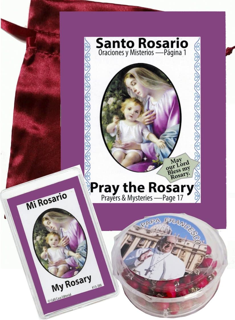 How To Pray the Rosary Booklet, With Rosary, Prayer Card, and Satin Bag -Bilingual- Como Rezar El Rosario, Librito Con Rosario, Estampa Y Bolsa.