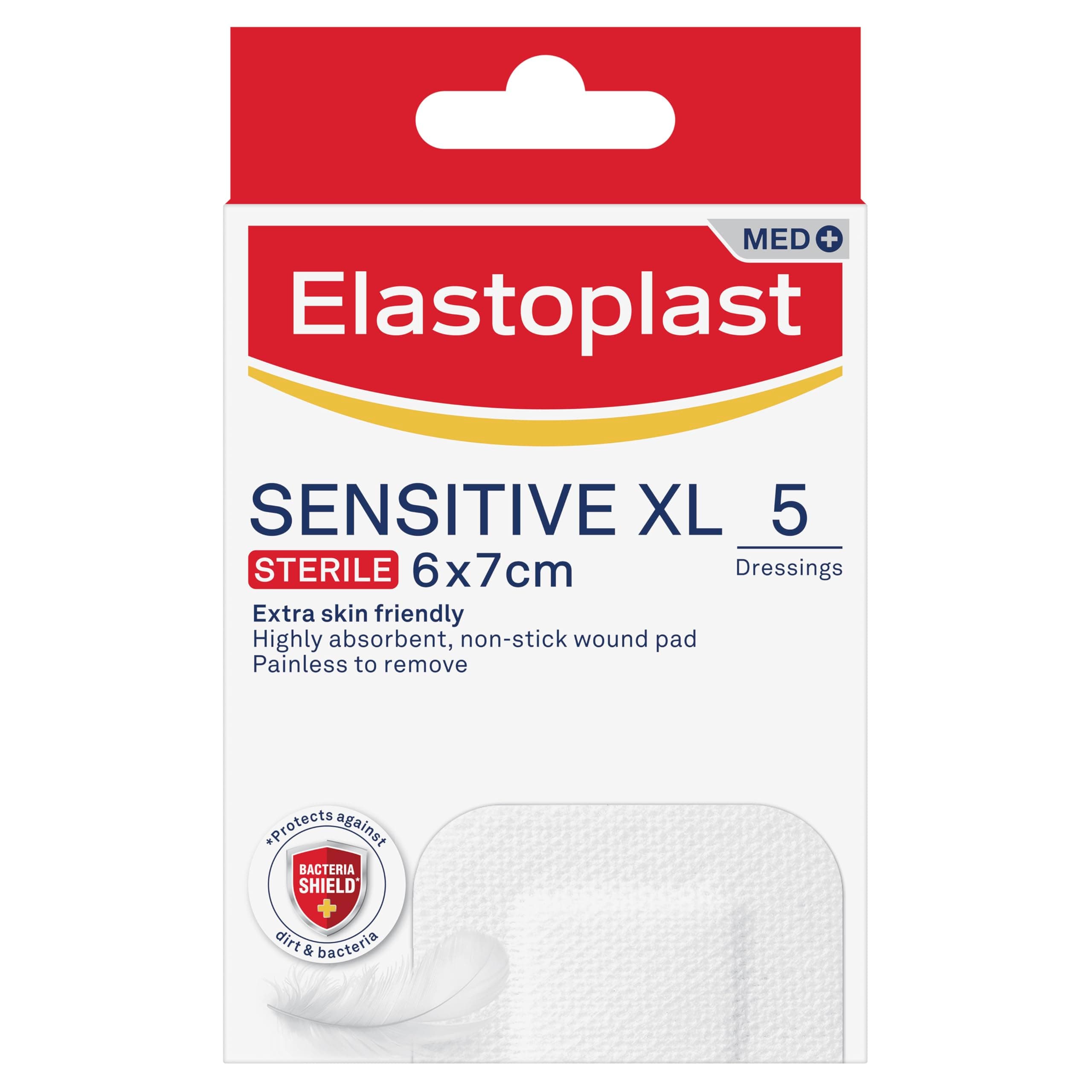 Elastoplast Sensitive XL Med+ Dressings (5 Patches), Pack of First Aid Plasters, Large Plasters for Post-Operative Wounds, Skin-Friendly Sterile Dressings for Wounds, 0% Latex, White