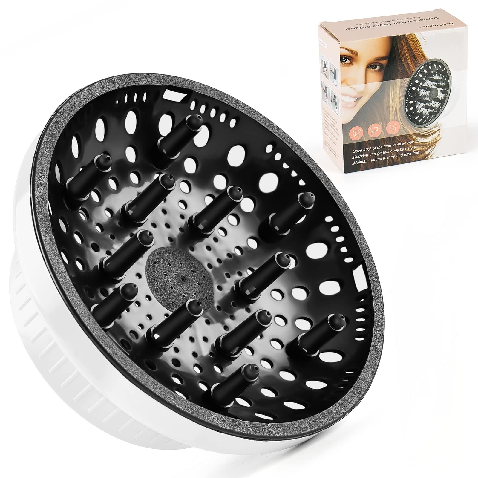 BESTTRENDY Diffuser Hair Dryer Attachment: Universal Adaptable for Blow Dryers with 1.4 Inch to 2.4 Diameter Nozzle Curly Hair, Professional Salon Tool Gifts Women, White