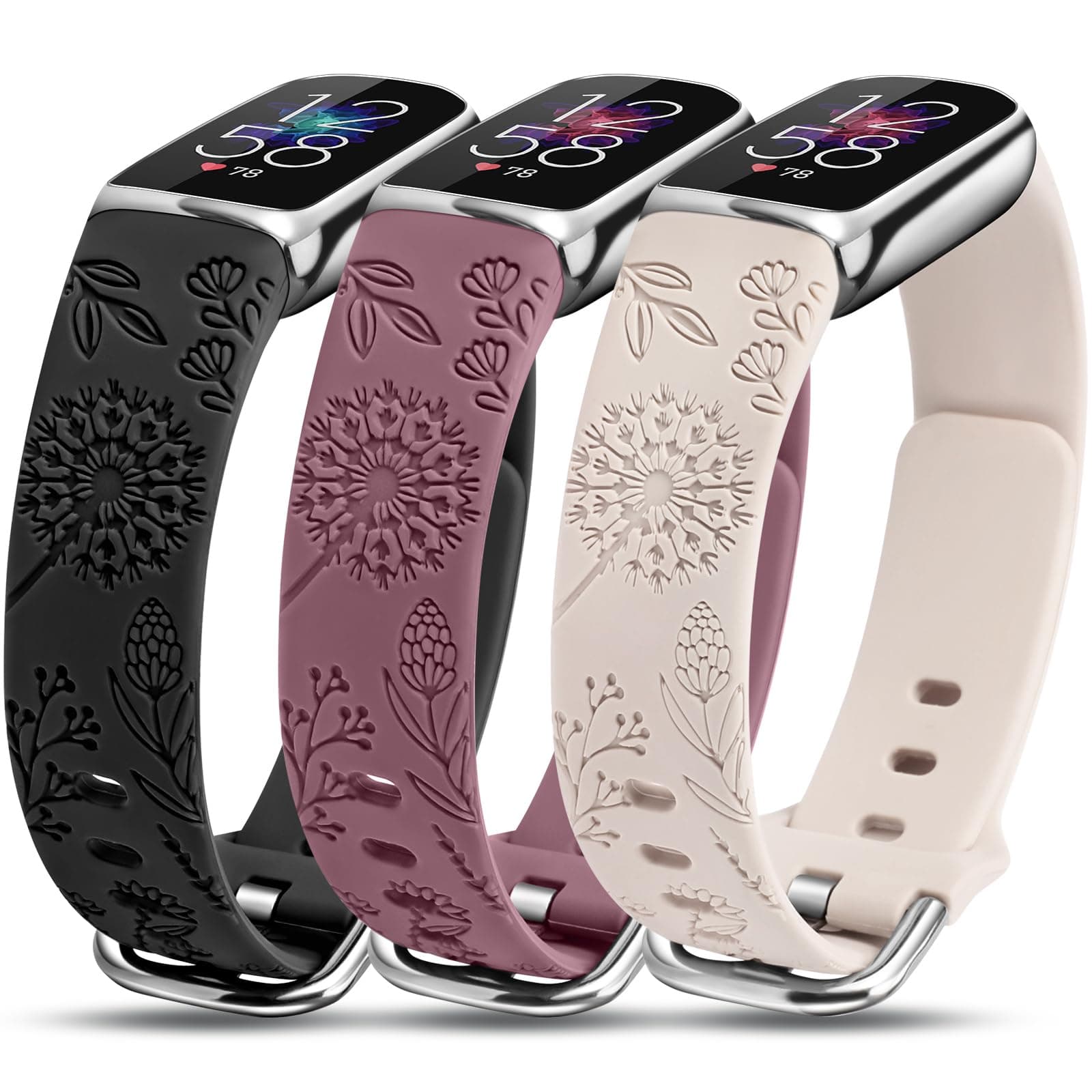 Minyee 3 Packs Compatible with Fitbit Luxe Bands for Women Soft Silicone Floral Engraved Sport Strap Dandelion Wristband Replacement for Fitbit Luxe Watch Bands/Luxe Special Edition Fitness Tracker