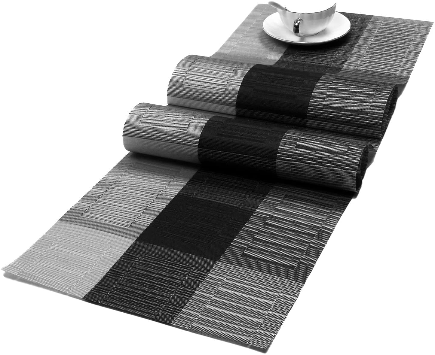 SHACOS Woven Vinyl Table Runners PVC Table Runners 12 x 36 inch Wipe Clean Reversible Plastic Weave Tabletop Counter Decor Mats Indoor Outdoor, Ombre Black and Gray