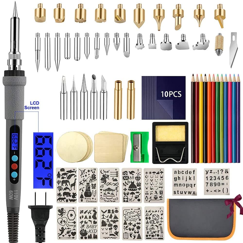 84PCSwood burning Kit, wood burning tool with LCD Display wood burning pen Adjustable Temperature Soldering, Embossing/Carving/Soldering Tips/Carrying Case. (Gray)
