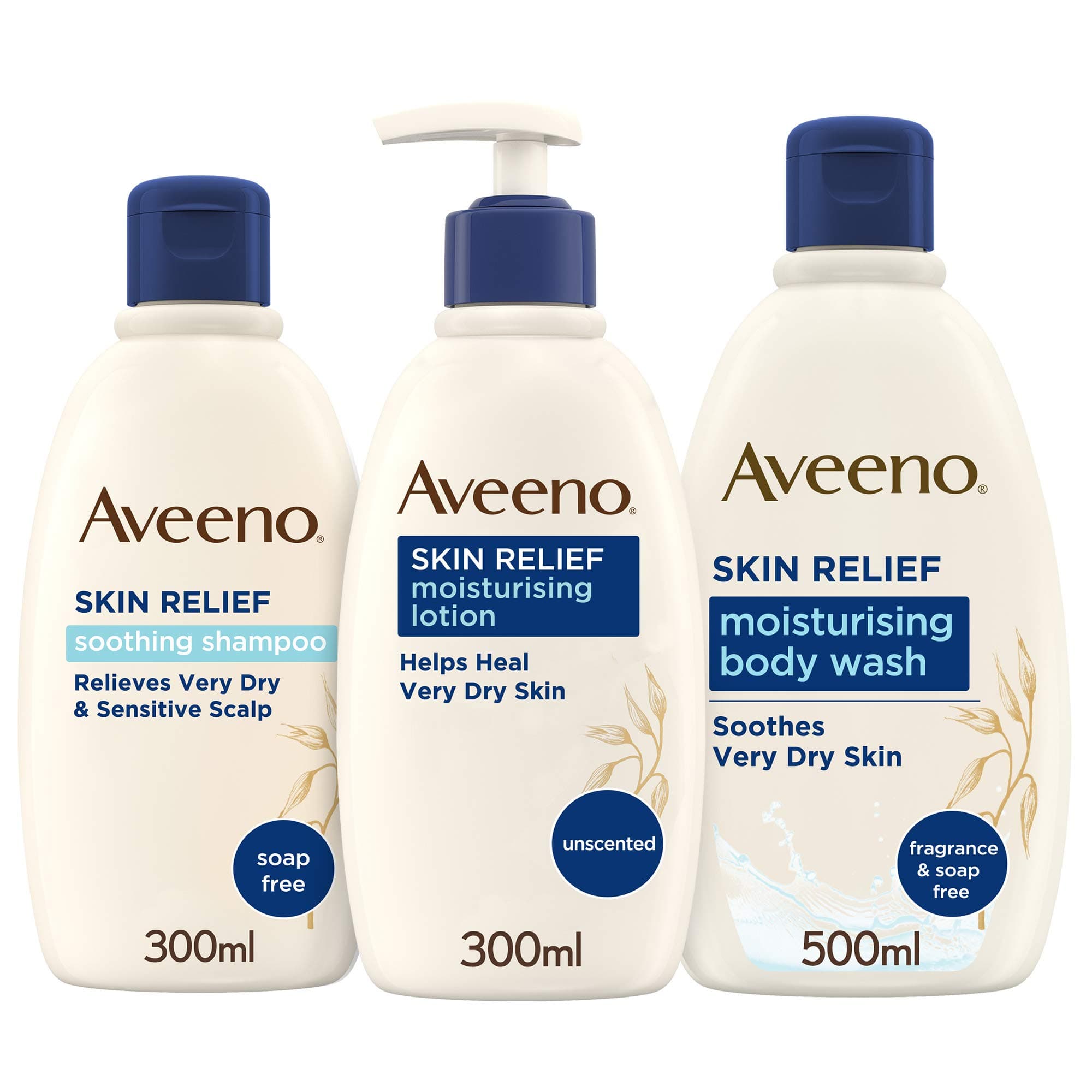 Aveeno Skin Relief Oatmeal Bath Regime Bundle, Soothing Shampoo (300ml), Moisturising Lotion (300ml), Moisturising Body Wash (500ml), Suitable for Very Dry, Sensitive Skin and Scalp