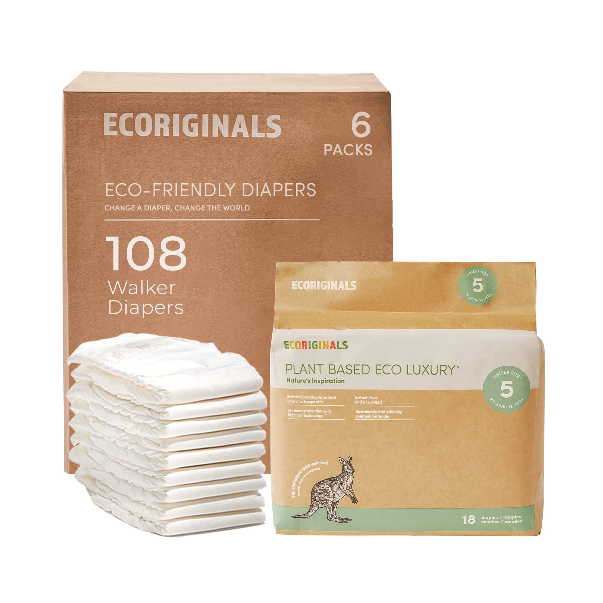 Ecoriginals Eco Disposable Diapers | Walker Size 5, 28-40lbs | 6 Pack, 108 Count | Plant-Based, Non-Toxic
