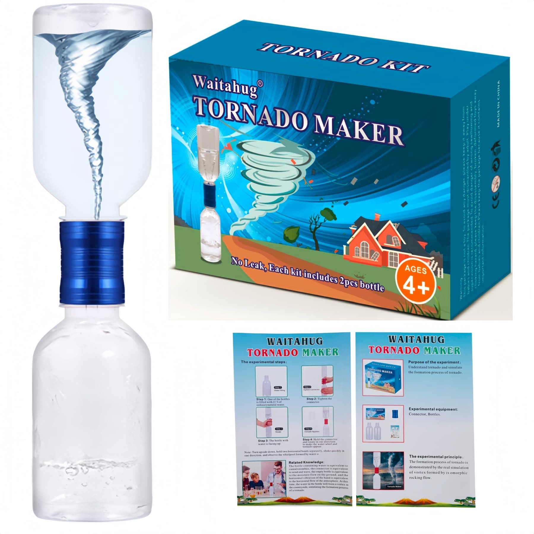 Tornado Maker, Weather Toys, Ultra-Light Aluminum Connecting Tube, Including 2 Empty Bottles, Watertight Tornado Toy, Suitable for Kids' Science Experiments (Blue)