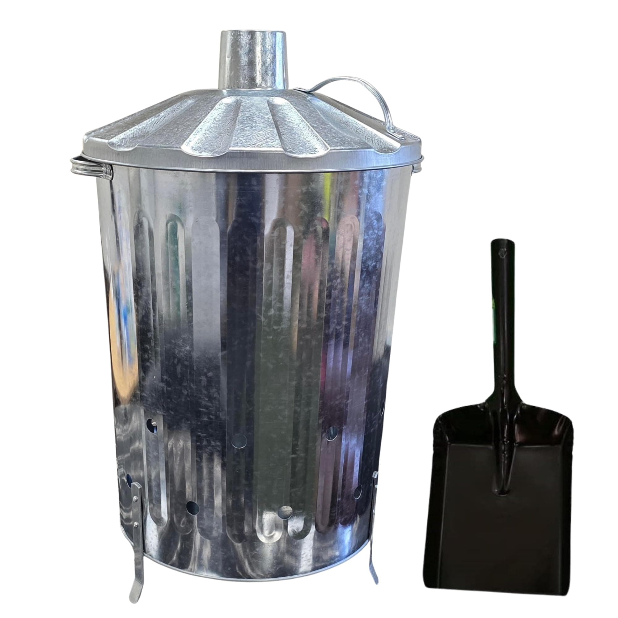 90L Litre Metal Galvanised Garden Incinerator Fire Bin Burning Leaves Paper Wood Rubbish Dustbin with Wooden Handle Shovel FREE Made In U. K.