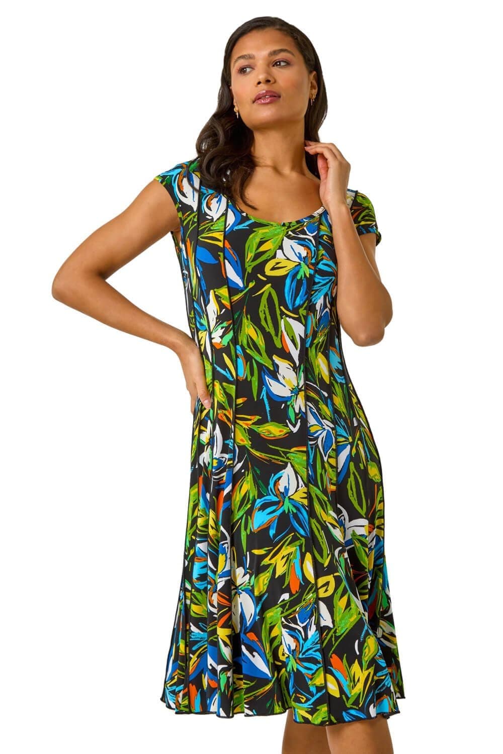 Roman OriginalsPanel Dress for Women UK Ladies Skater Summer Spring Stretchy Fit & Flare Jersey Midi Work Casual Strappy Sleeveless Sweetheart Knee Length A Line Swing