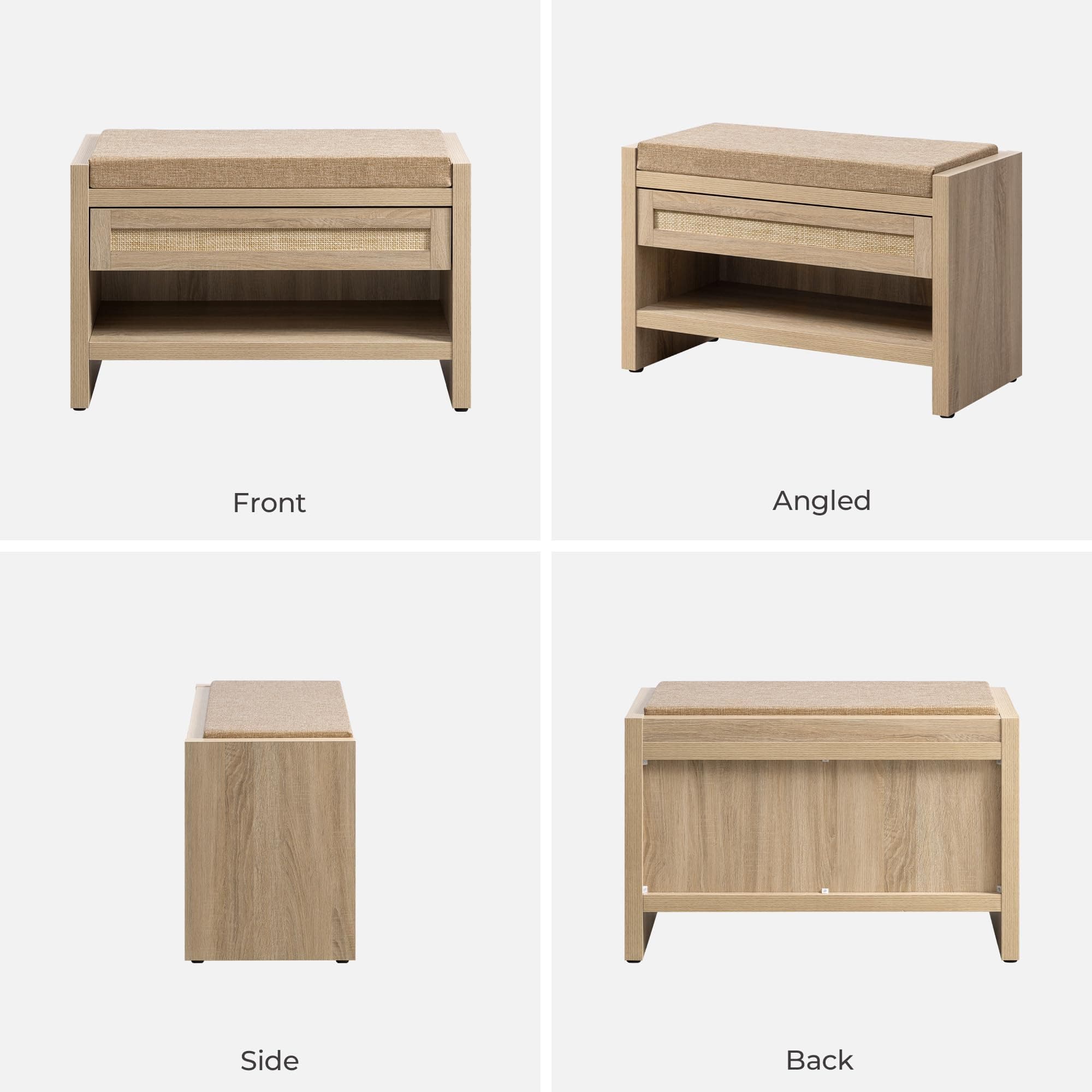 SICOTAS Rattan Shoe Bench Entryway Bench with Storage Drawer and Linen Seat Cushion, Farmhouse Boho Shoe Rack Bench with Shelf, Wooden Storage Bench for Entryway Hallway and Bedroom, Light Oak