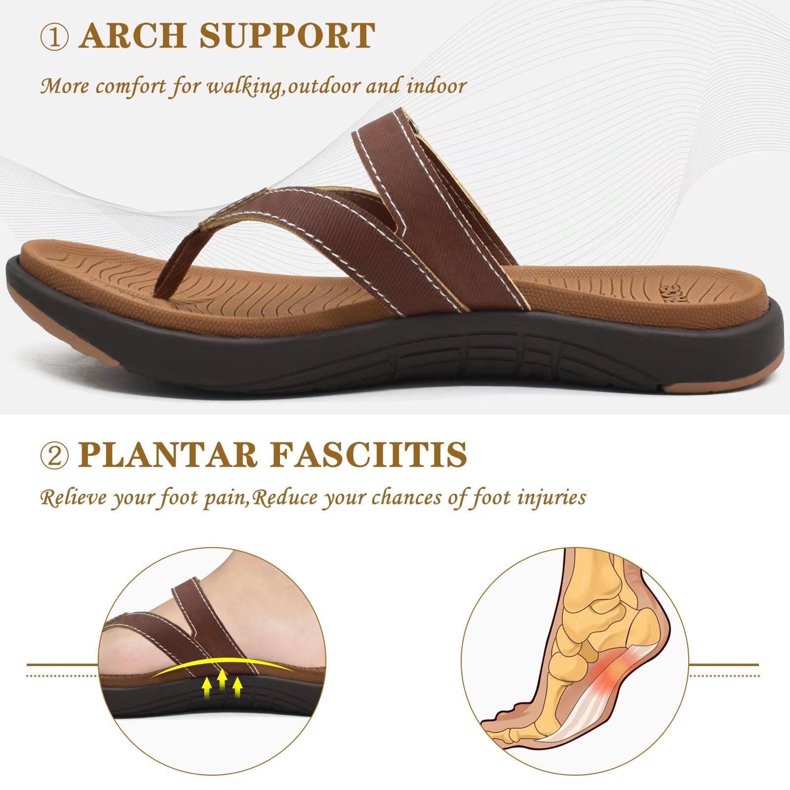 COFACE Womens Fashion Orthotic Flip Flops Ladies Slip On Lightweight Athletic Yoga Mat Cushion Thong Sandals With Comfortable Plantar Fasciitis Arch Support, Brown, 5