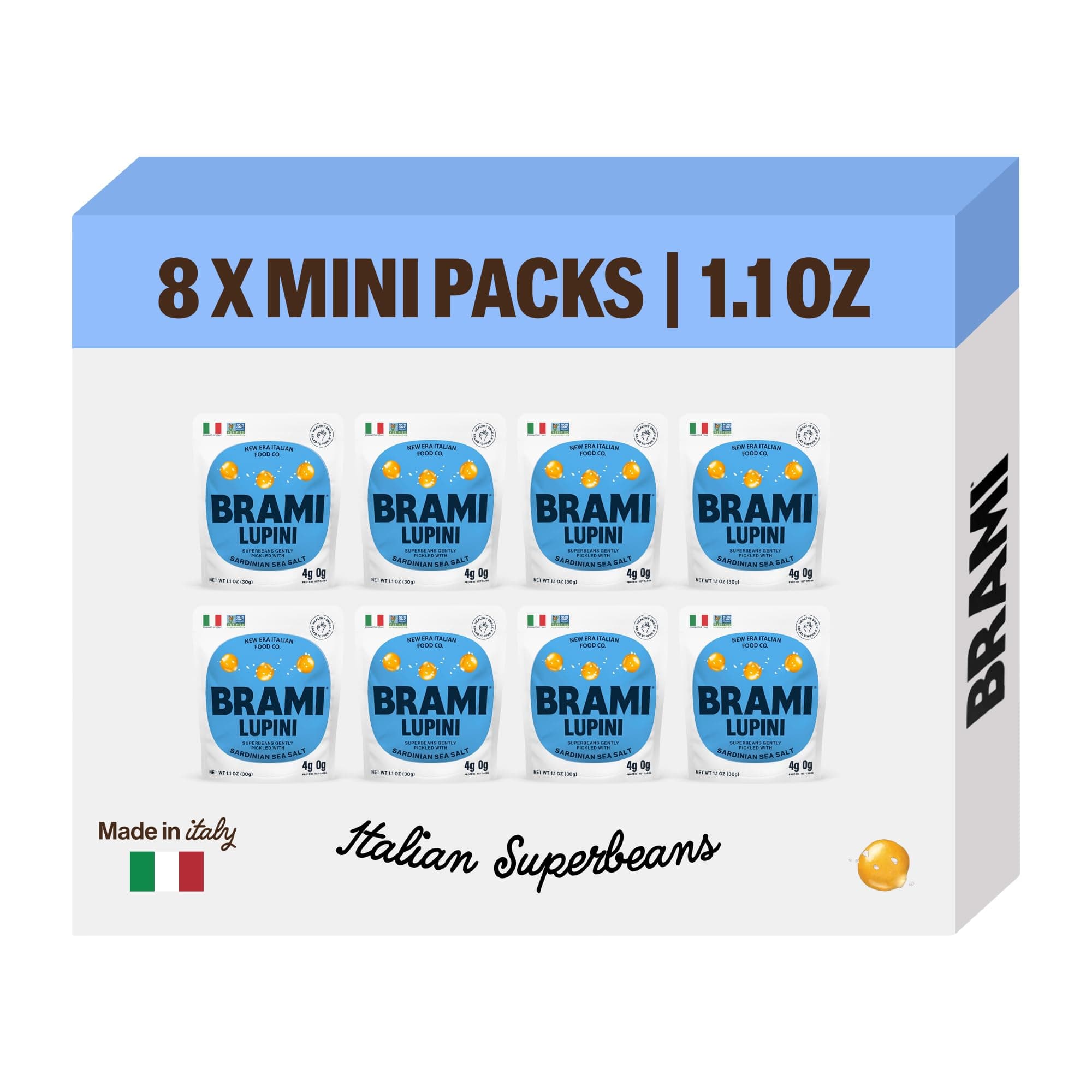 BRAMI Lupini Beans Snack, Sardinian Sea Salt | 7g Plant Protein, 0g Net Carbs | Vegan, Vegetarian, Keto, Plant Based, Mediterranean Diet | 1.1 Ounce (Pack of 8)